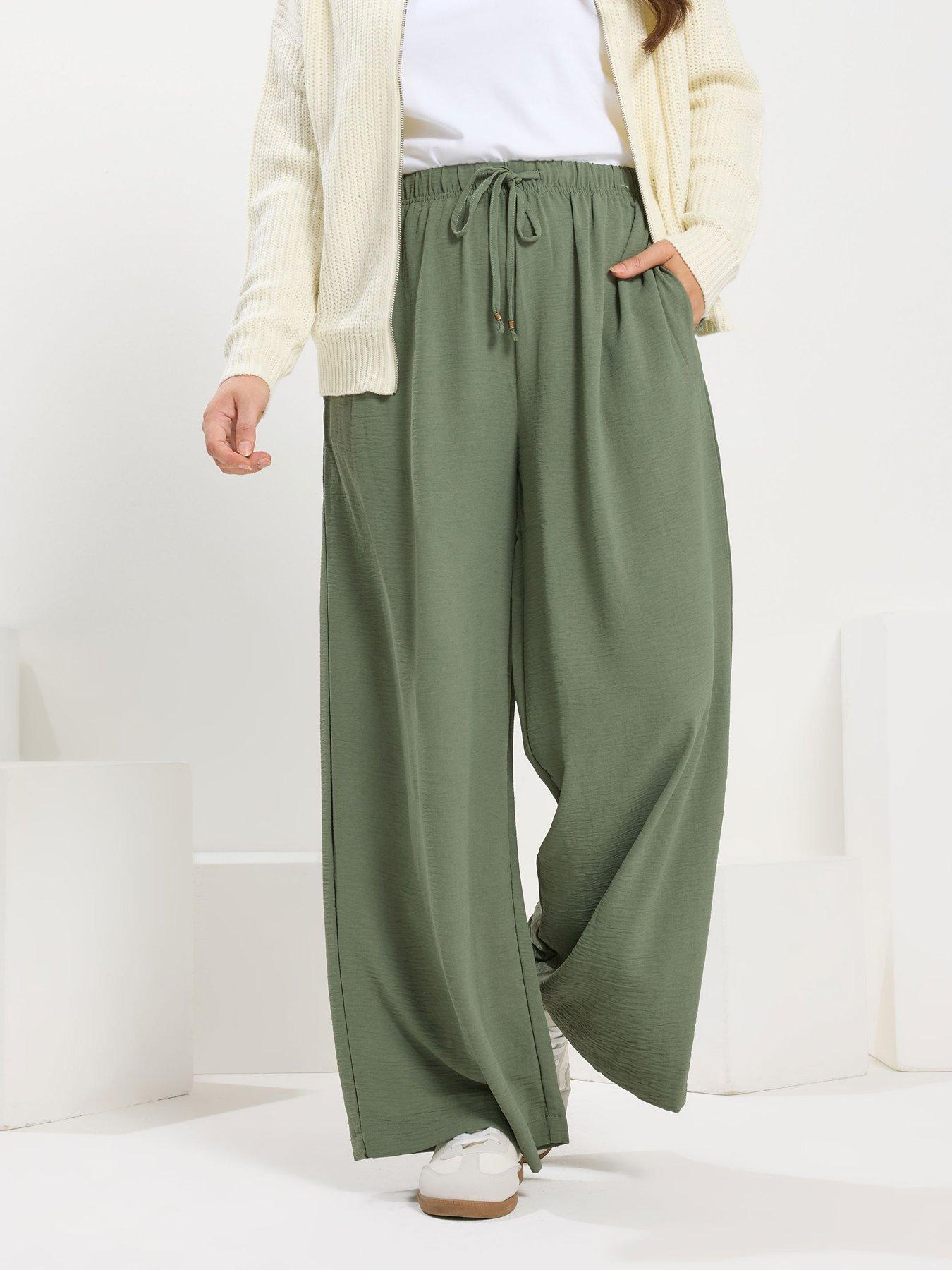 Yours Curve Washed Twill Wide Leg Trouser 28" - Green