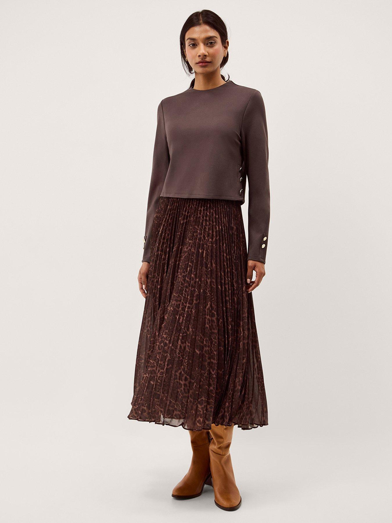Monsoon Archi Pleat Dress - Brown