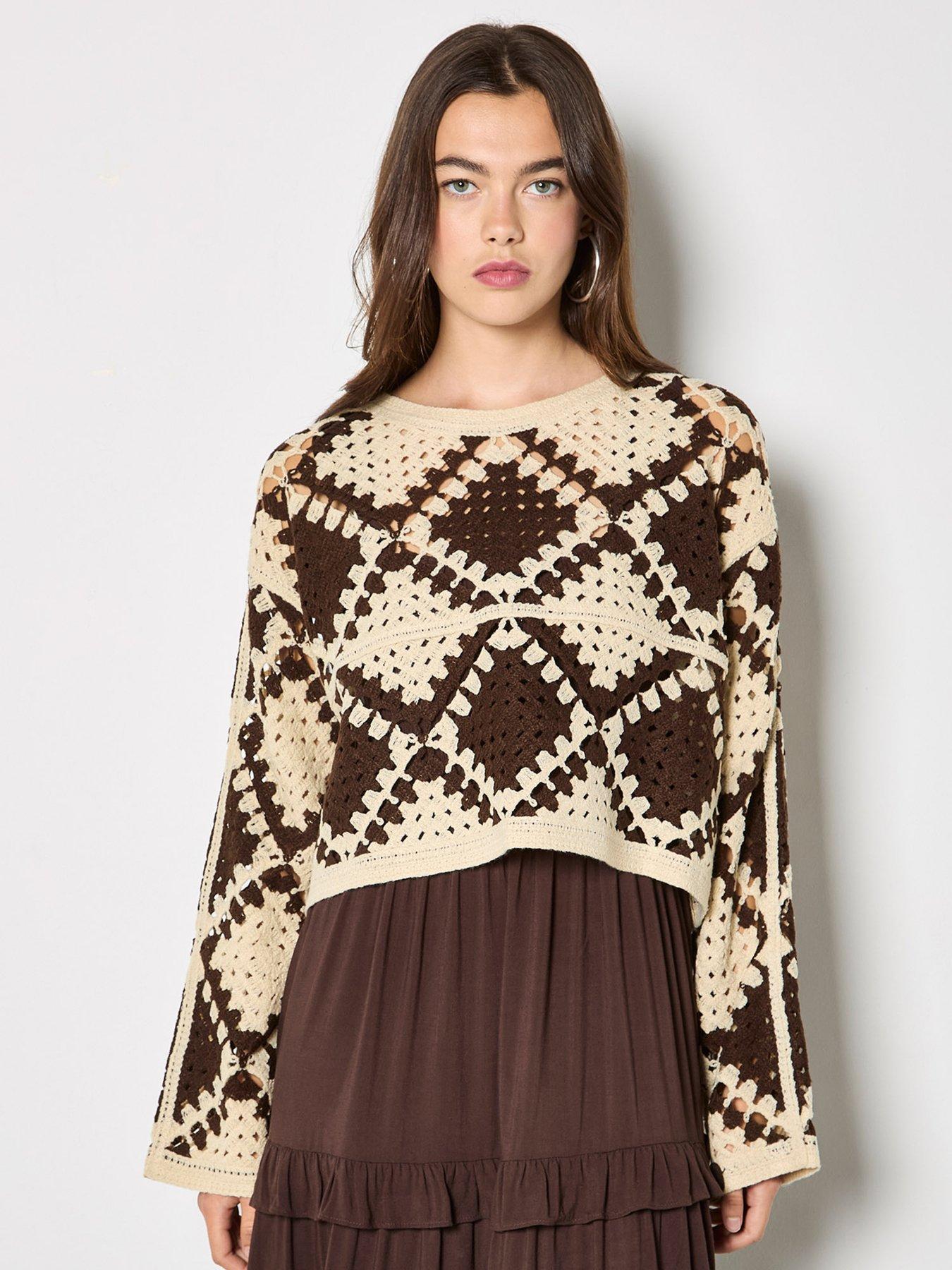 Apricot Crochet Oversize Diamonds Jumper, Cream, Size M, Women
