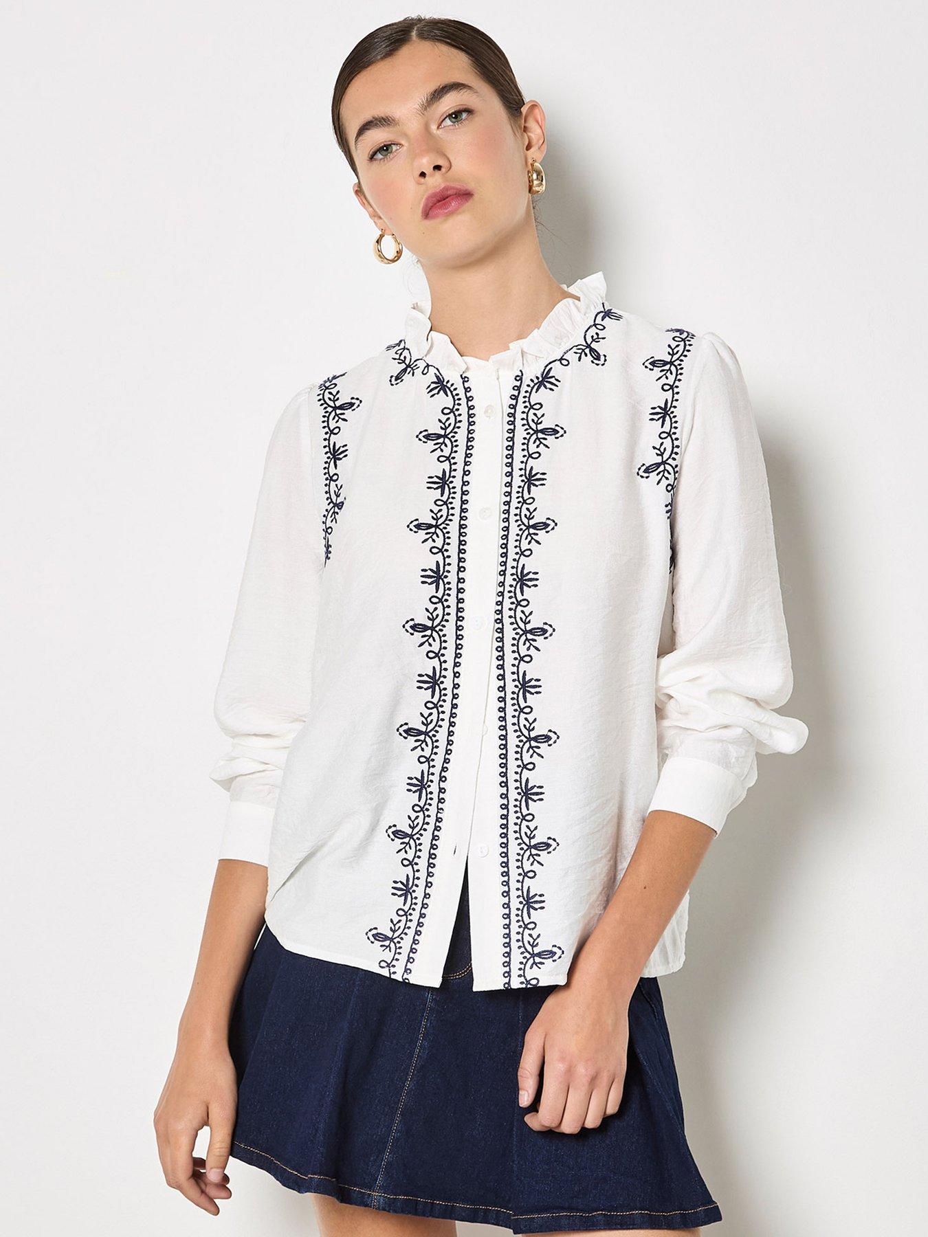 Image 1 of 5 of Apricot Ruffle Neck Embroidered Blouse