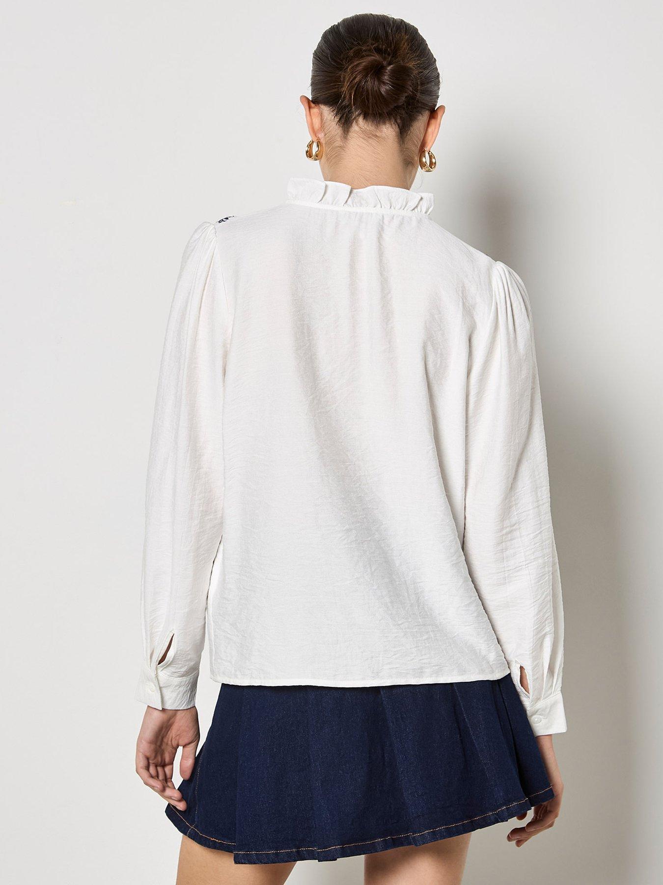 Image 2 of 5 of Apricot Ruffle Neck Embroidered Blouse