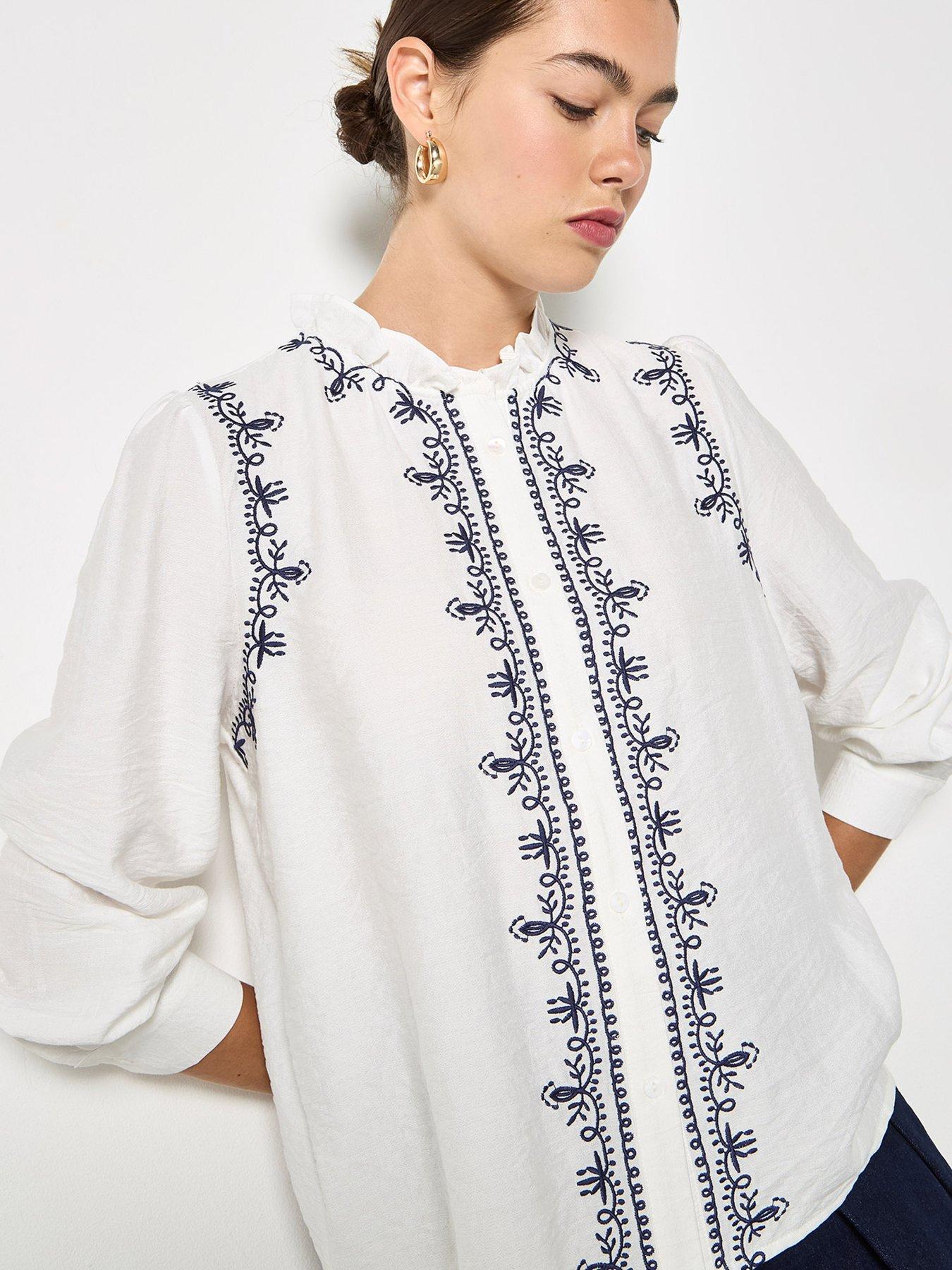 Image 4 of 5 of Apricot Ruffle Neck Embroidered Blouse
