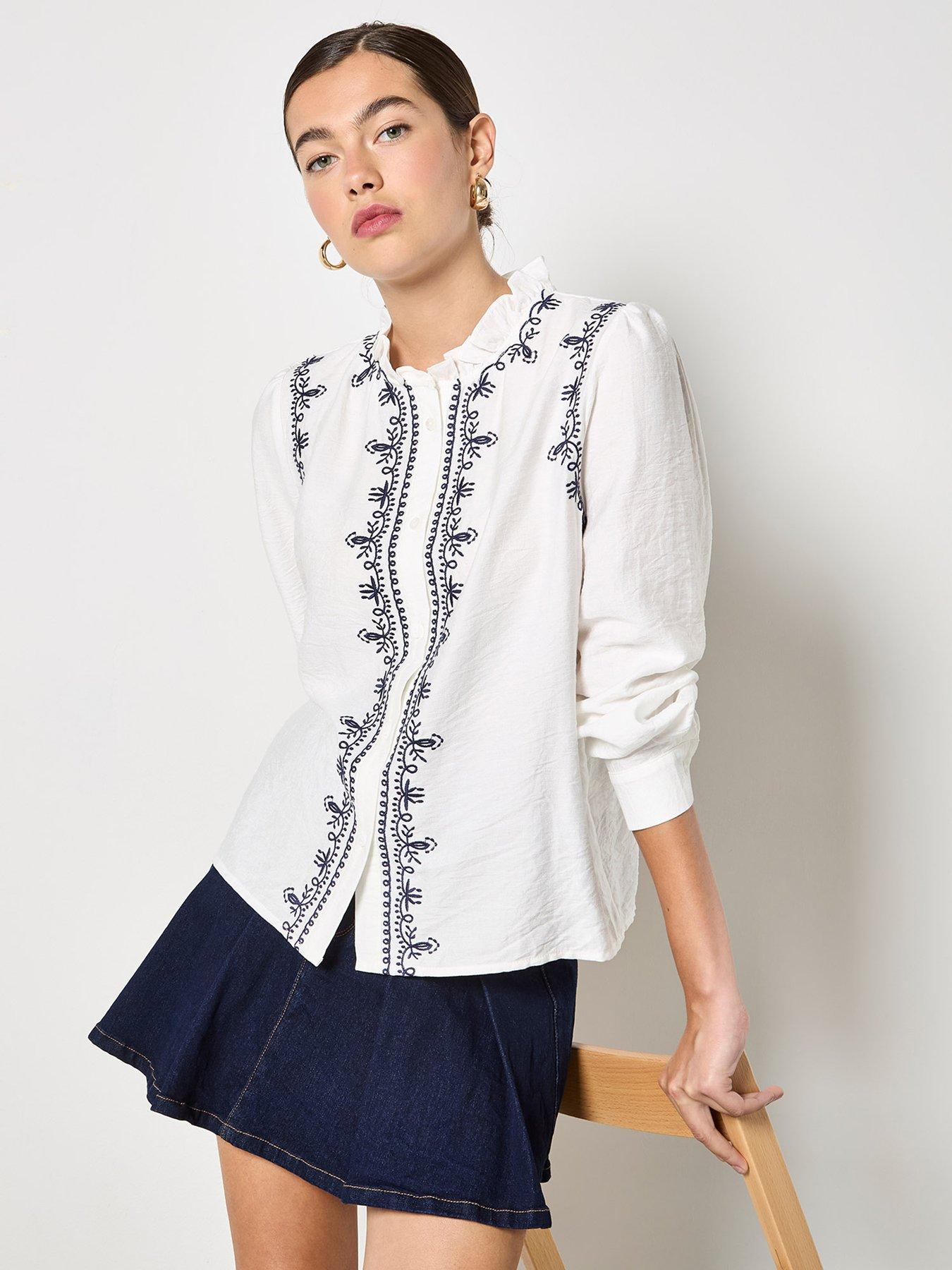 Image 5 of 5 of Apricot Ruffle Neck Embroidered Blouse