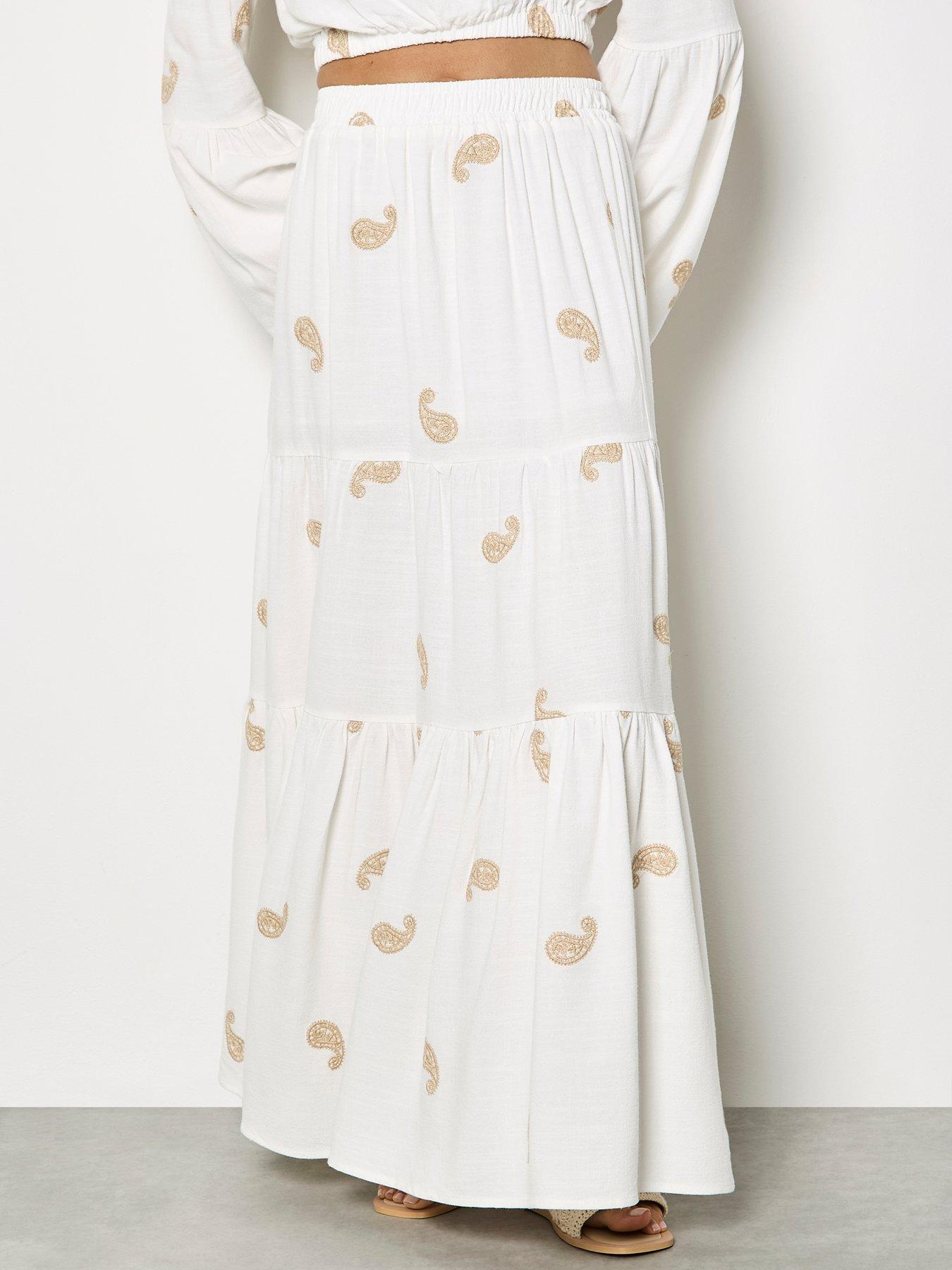 Apricot Paisley Embroid Linen Tier Skirt