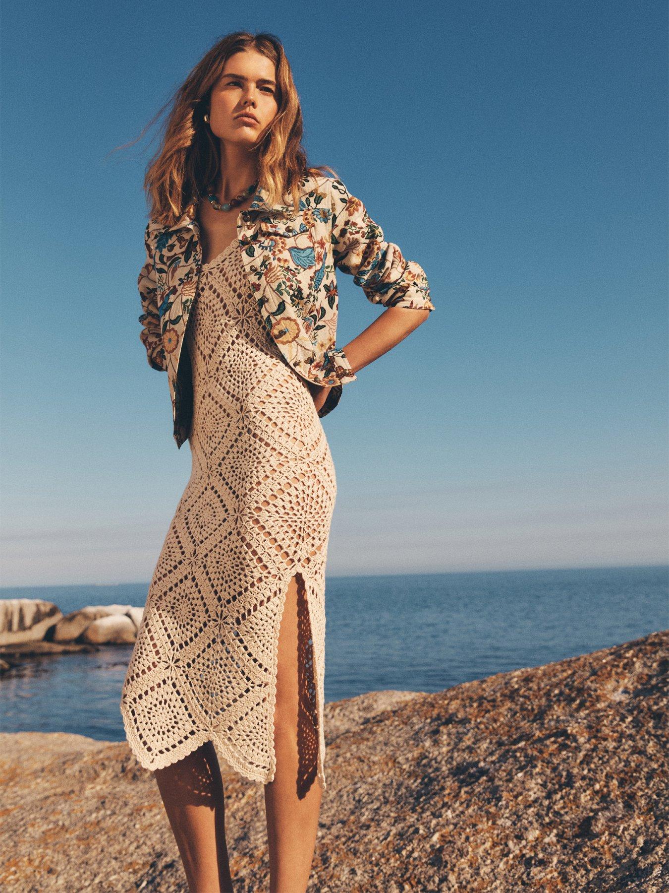 Apricot Hand Knit Diamond Crochet Dress - Cream