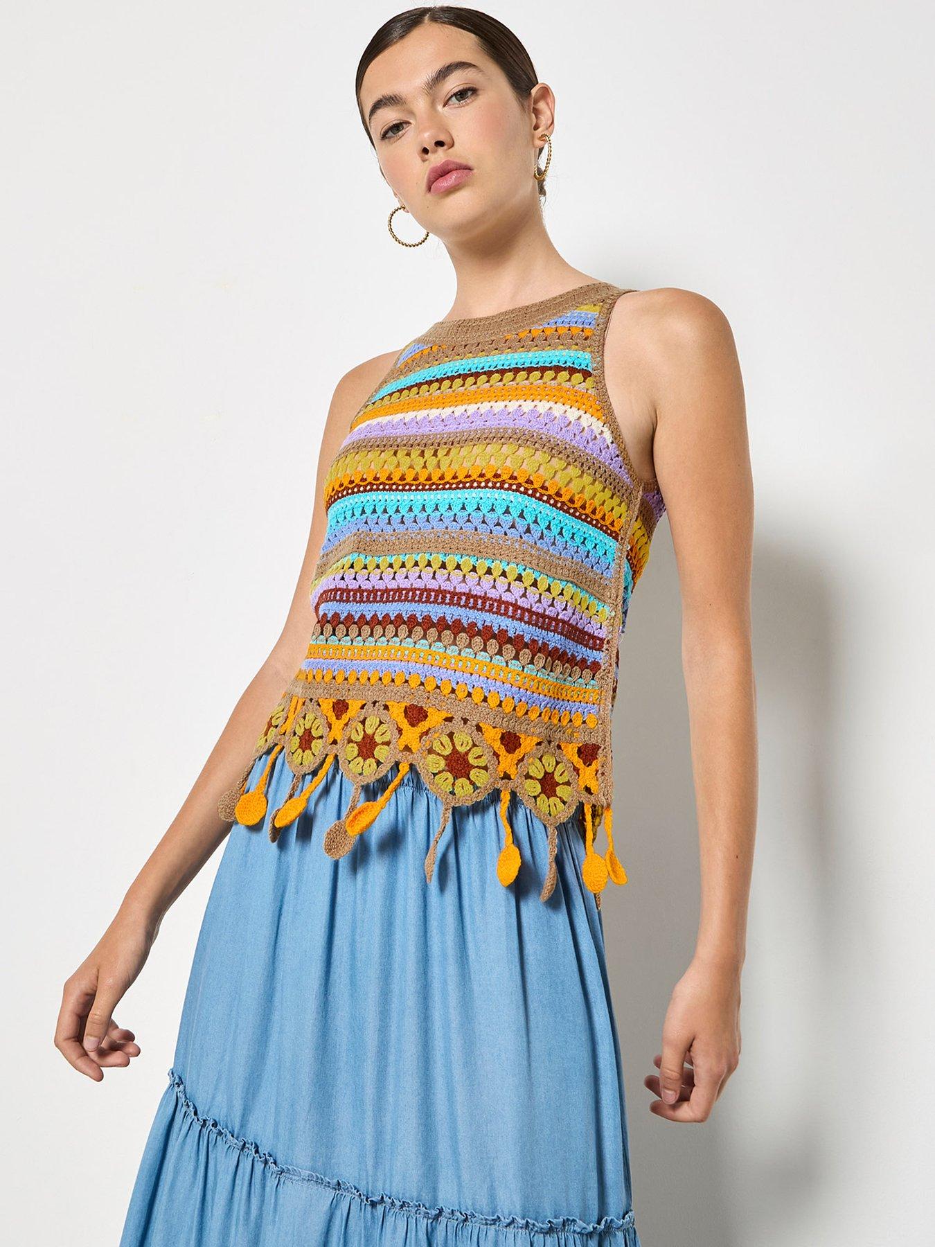 Apricot Multi Stripe Tassle Crochet Top, Brown, Size S, Women