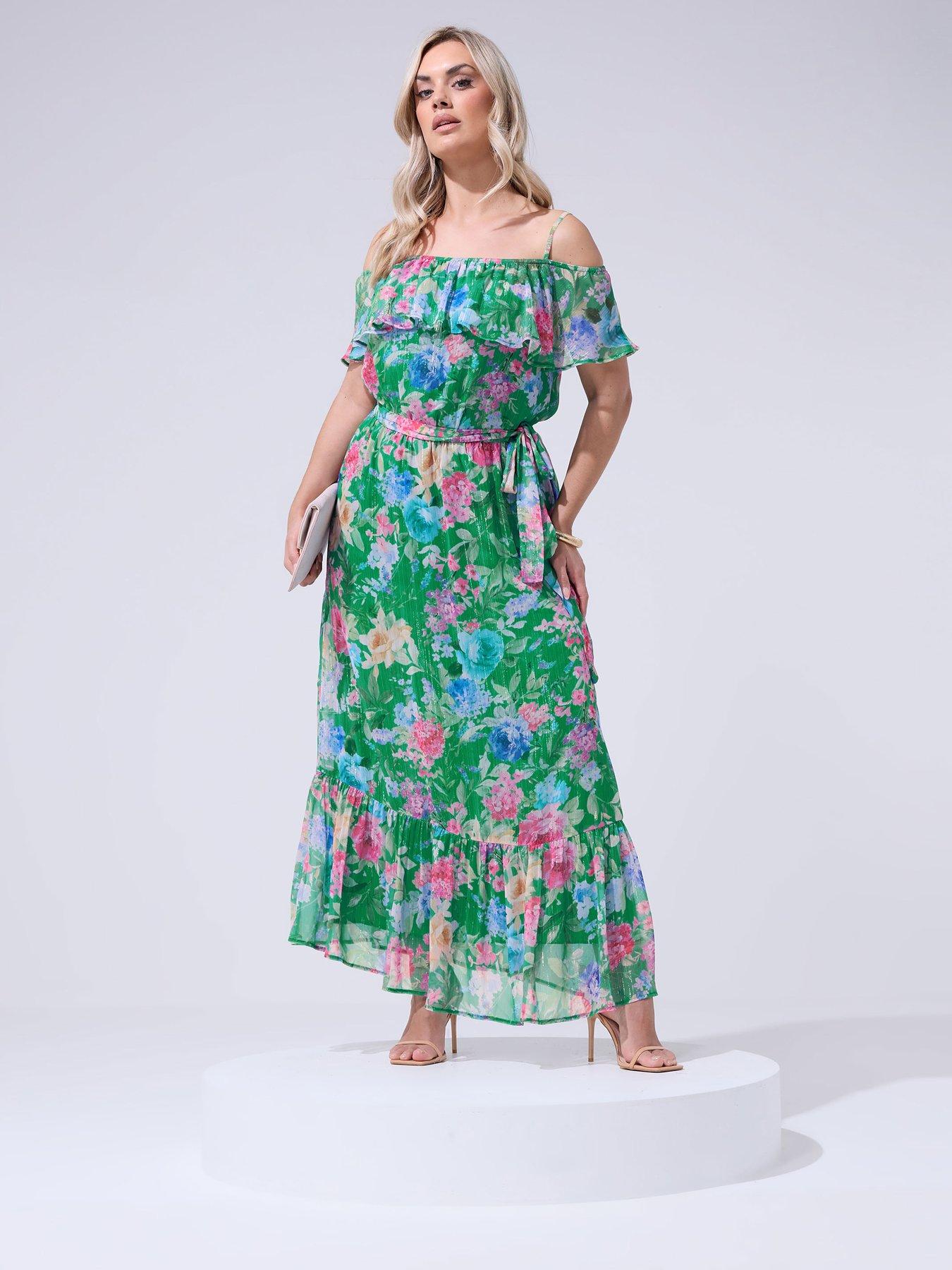 Yours Curve Floral Metallic Cold Shoulder Maxi Dress - Green