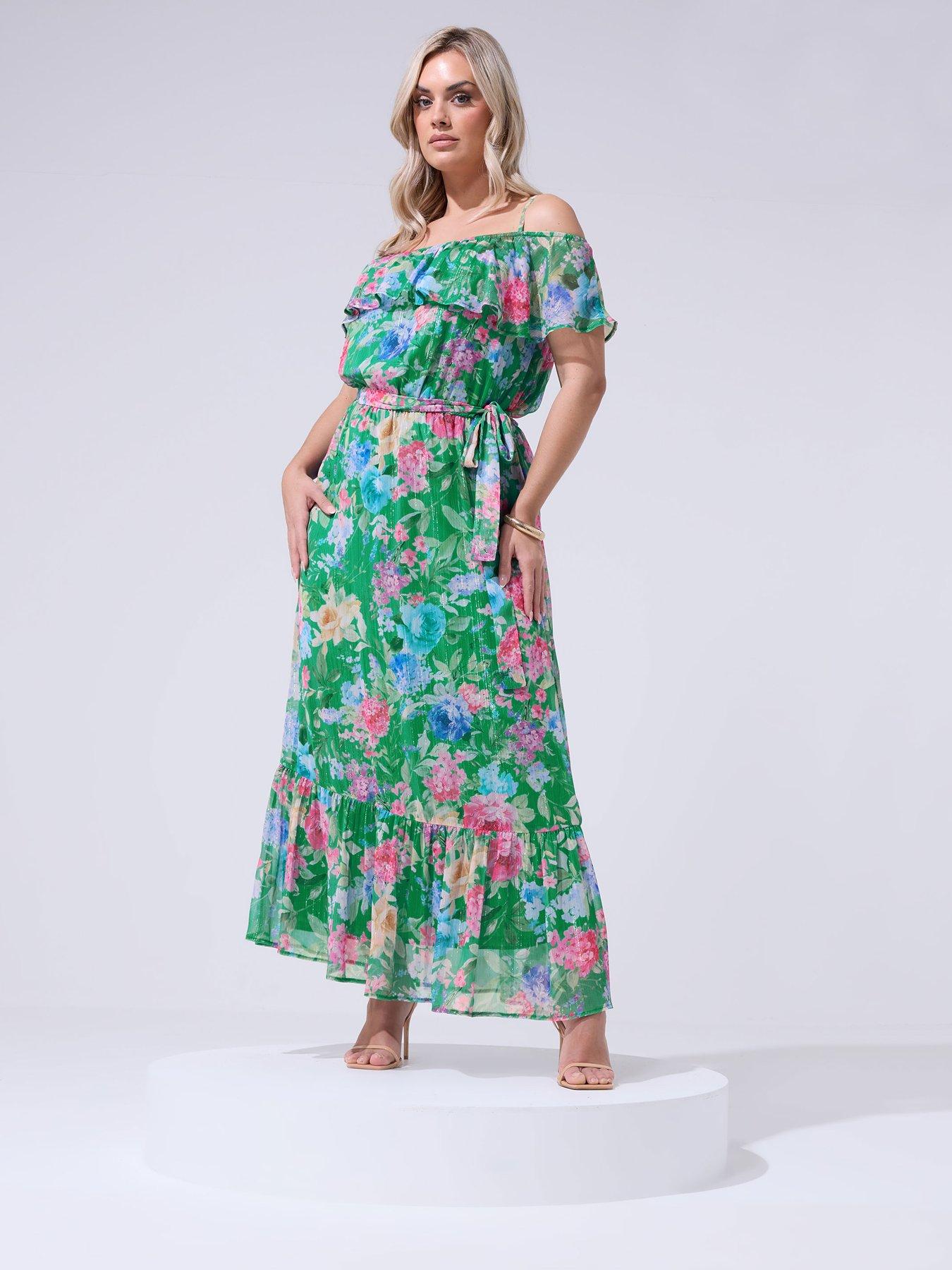 green floral cold shoulder dress Wedtrend Women Long Bridesmaid Dress with Slit Green Large Flower A Line Cold  Shoulder Chiffon Print Wedding Guest Dress – WEDTREND main image 1