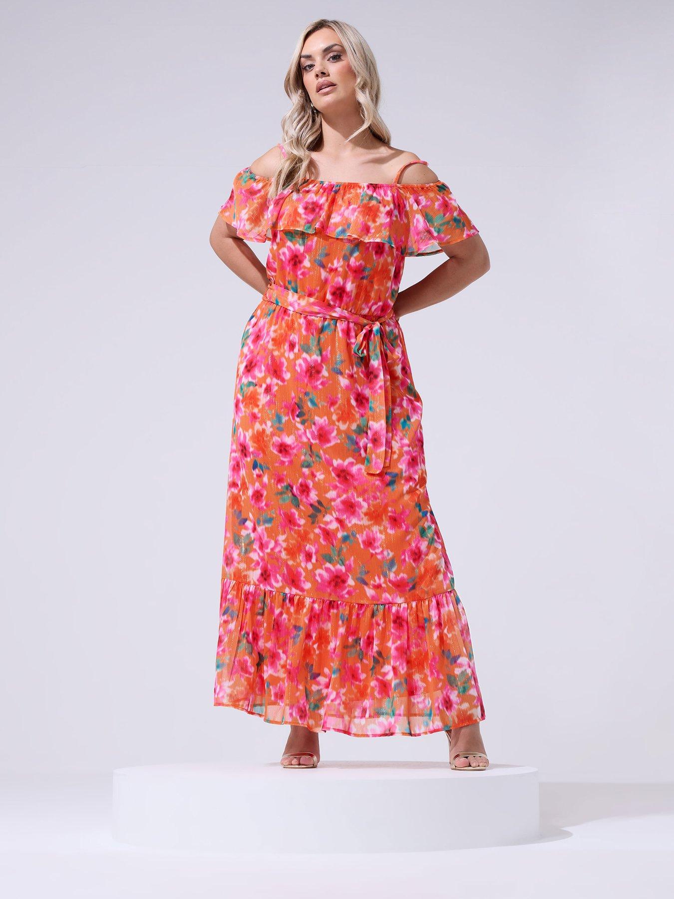 Yours Curve Floral Metallic Cold Shoulder Maxi Dress - Orange