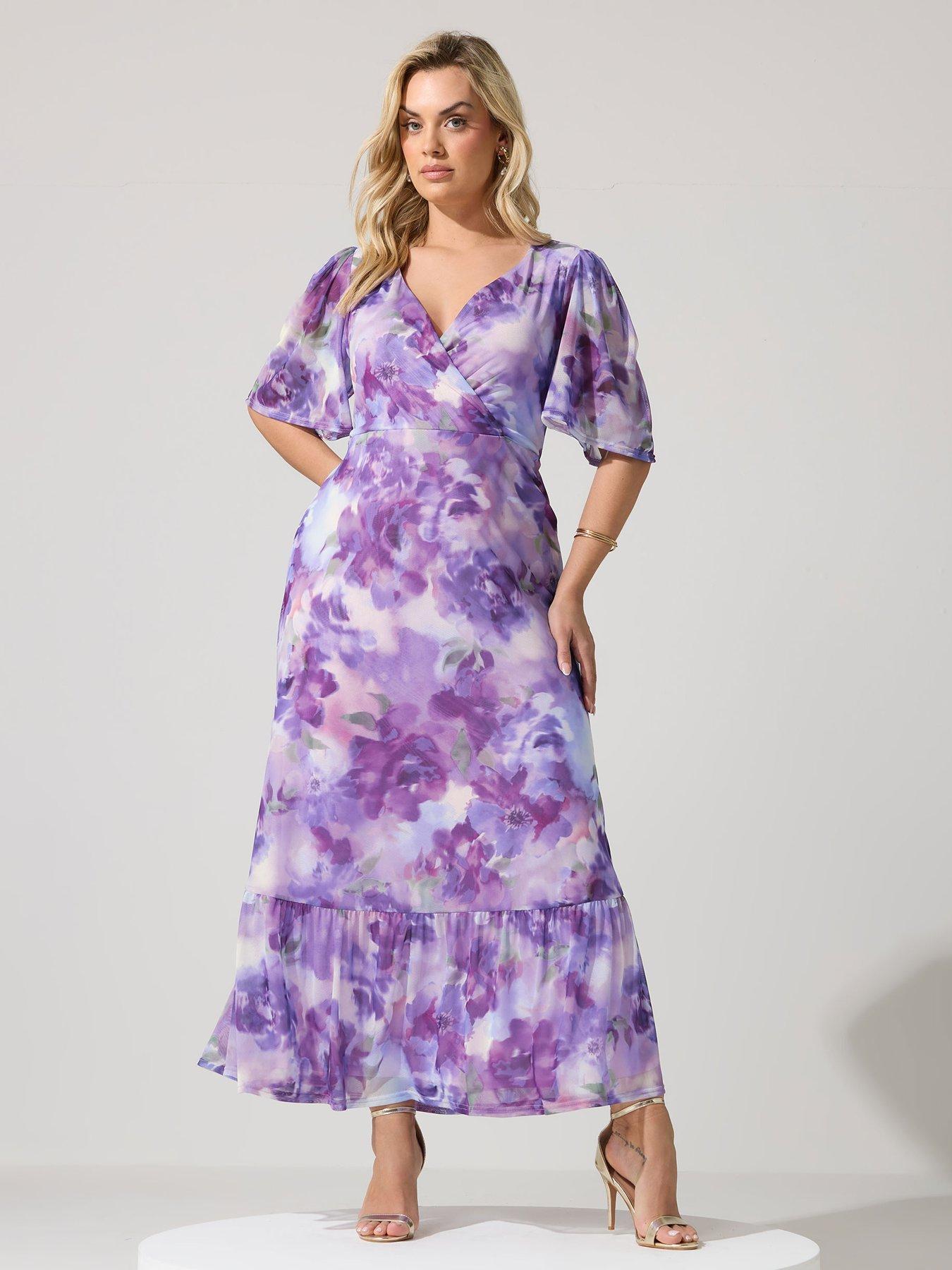 Yours Curve Blur Floral Print Wrap Ruffle Hem Dress - Purple