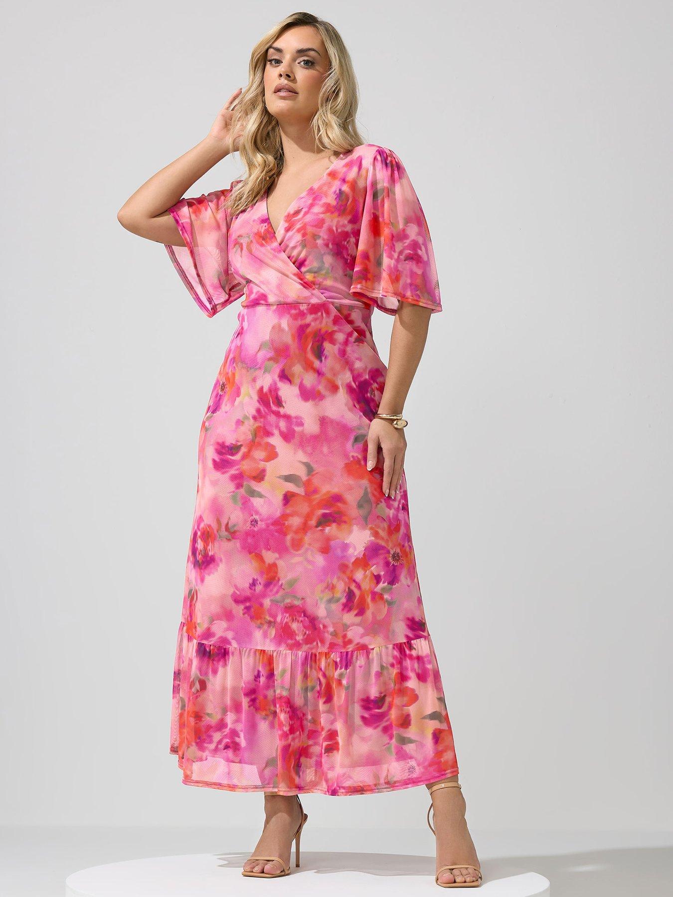 Yours Curve Blur Floral Print Wrap Ruffle Hem Dress - Pink