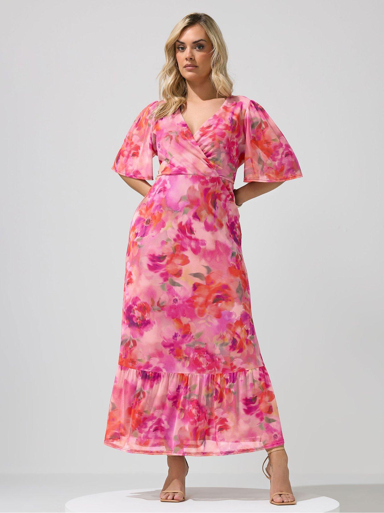 Yours Curve Blur Floral Print Wrap Ruffle Hem Dress - Pink | Very