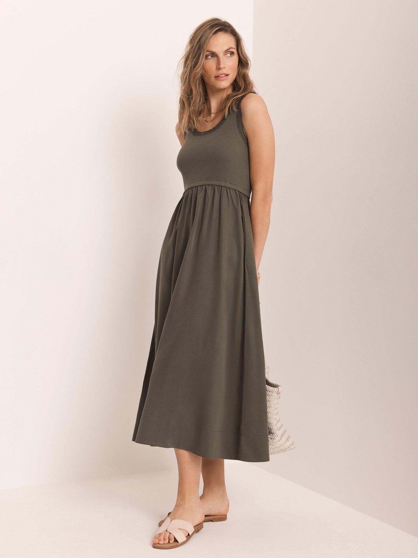 Mint Velvet Ruched Edge Woven Mix Dress - Khaki
