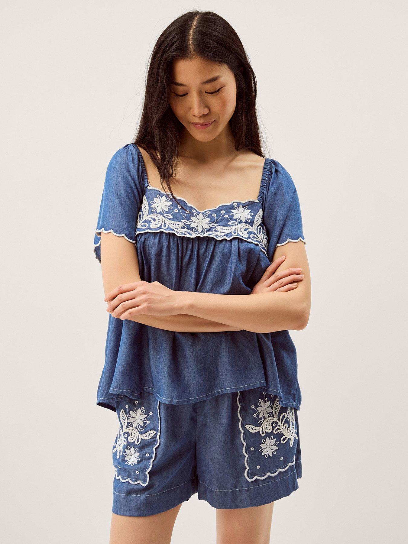 Monsoon Isla Short Sleeve Embroidered Denim Top - Blue