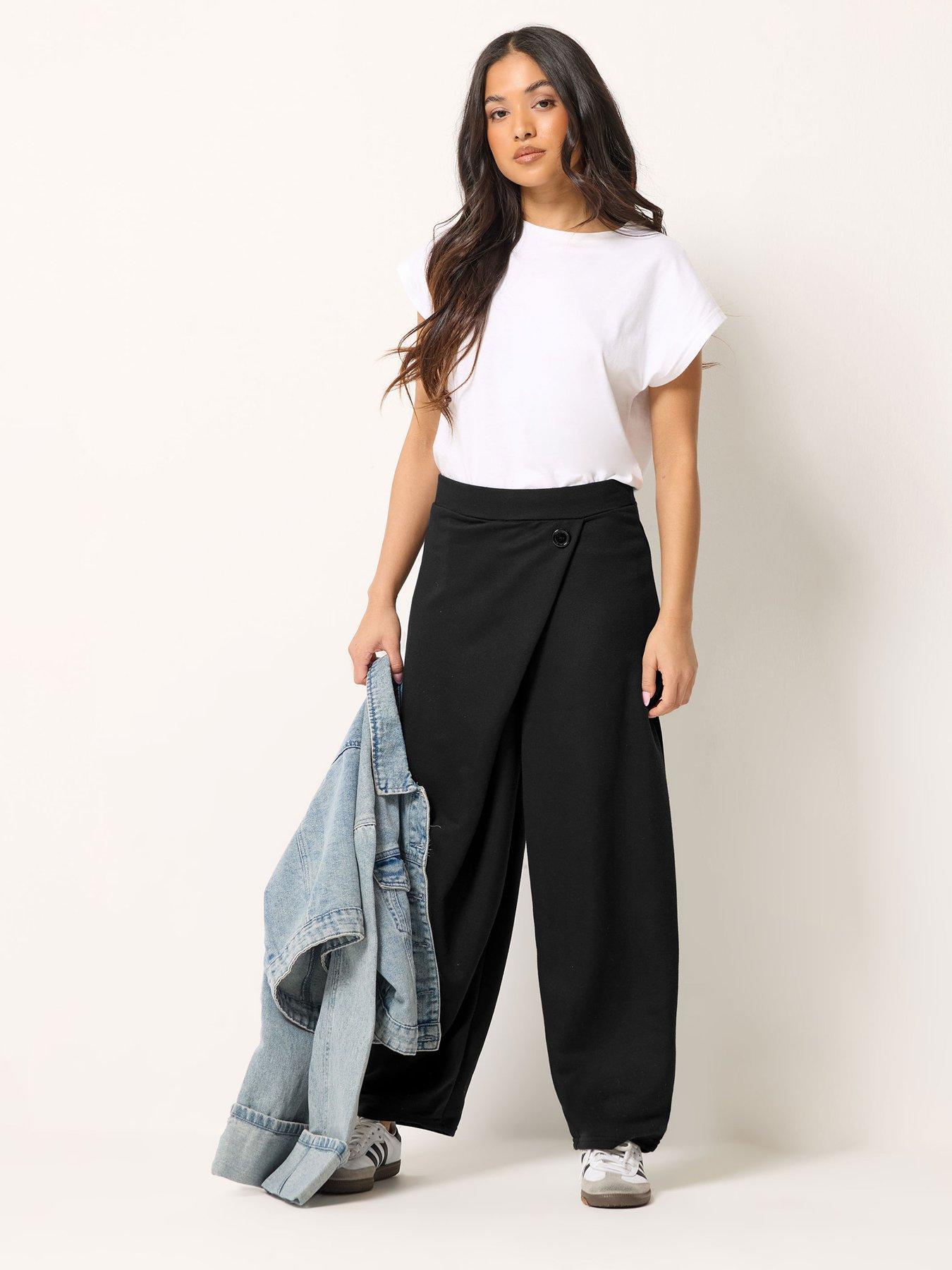 Image 1 of 5 of PixieGirl Petite Jersey Wrap Button Trouser - Black