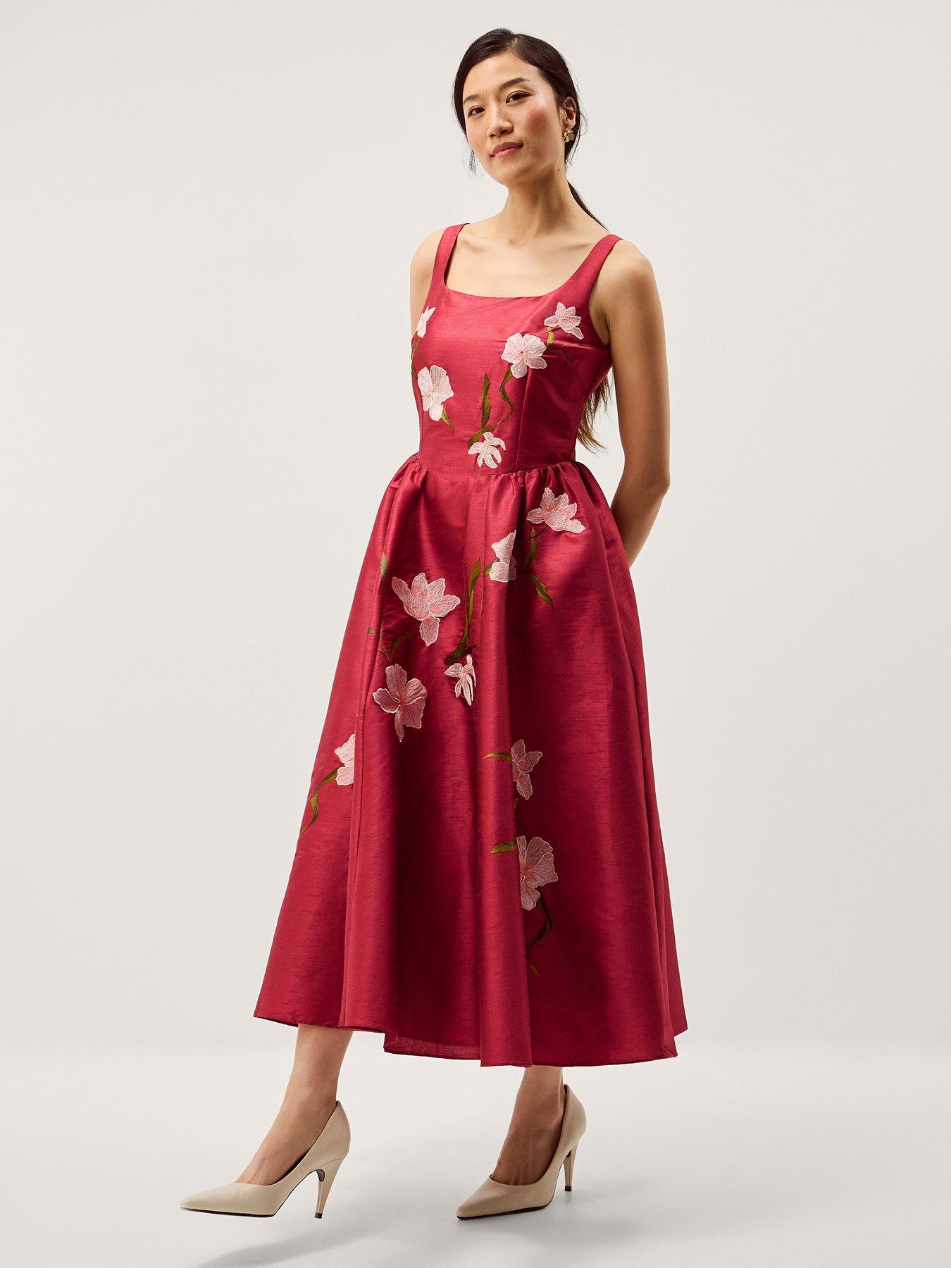 Image 1 of 5 of Monsoon Anya Embroidered Dress - Red