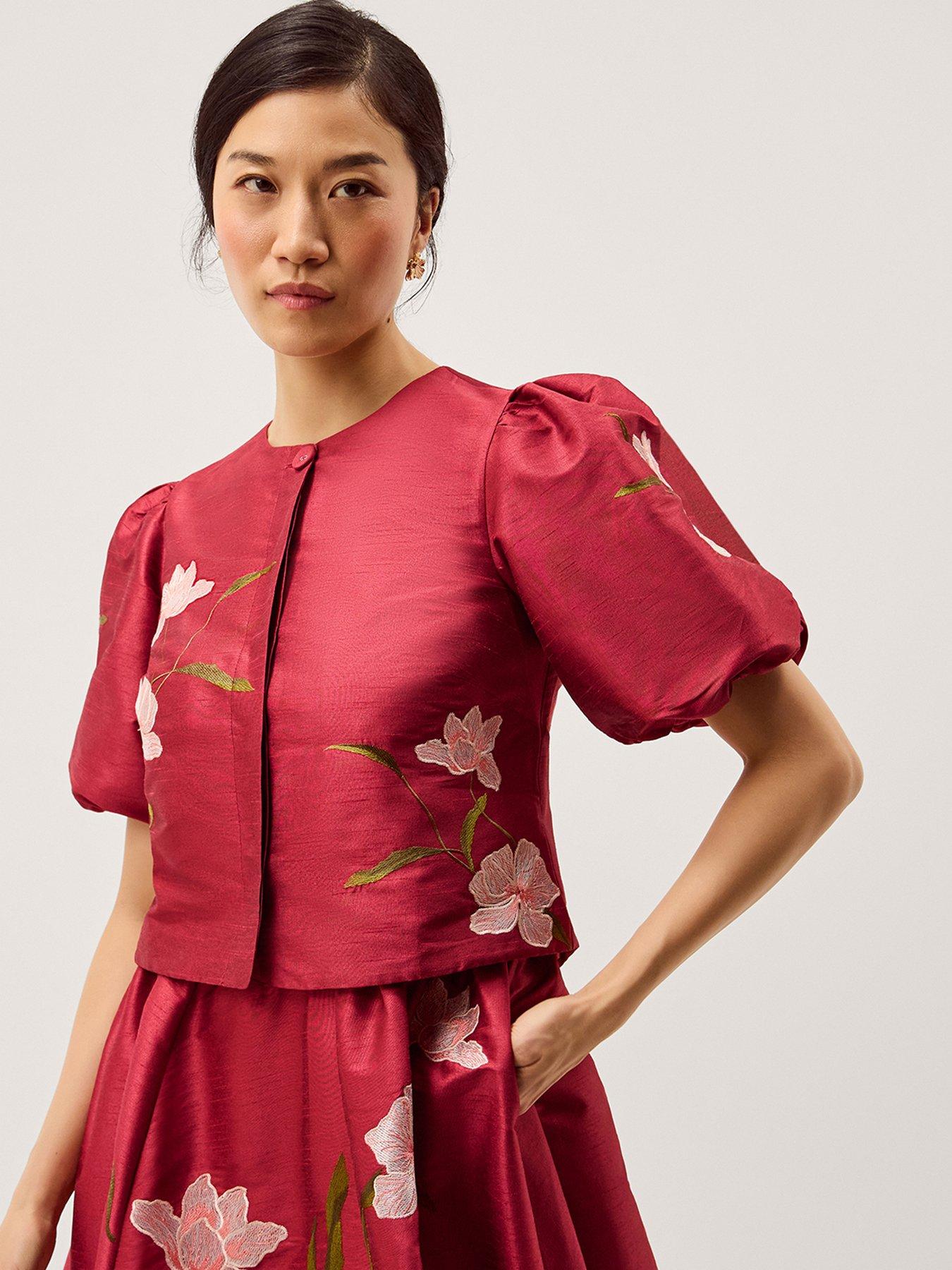 Monsoon Anya Puff Sleeve Floral Embroidered Jacket - Pink