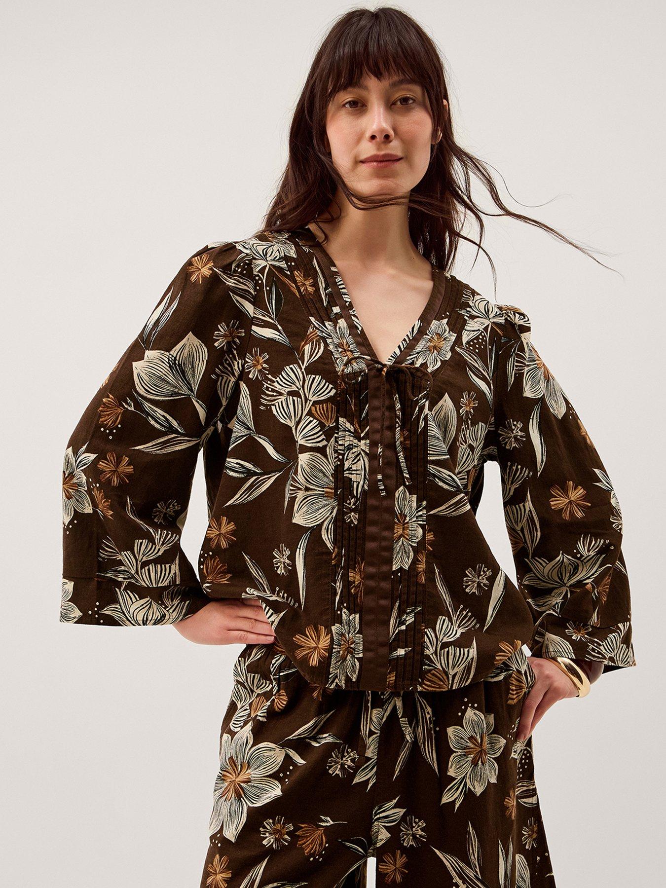 Image 1 of 6 of Monsoon Esther Floral Linen Blend Top - Brown