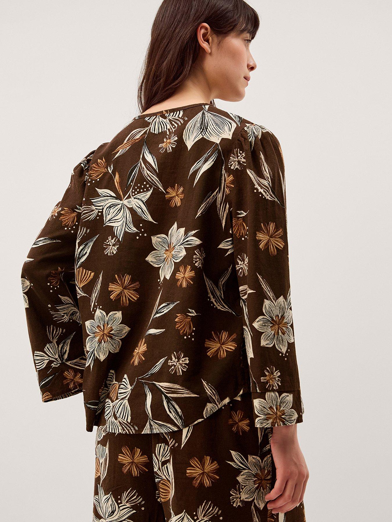 Image 2 of 6 of Monsoon Esther Floral Linen Blend Top - Brown
