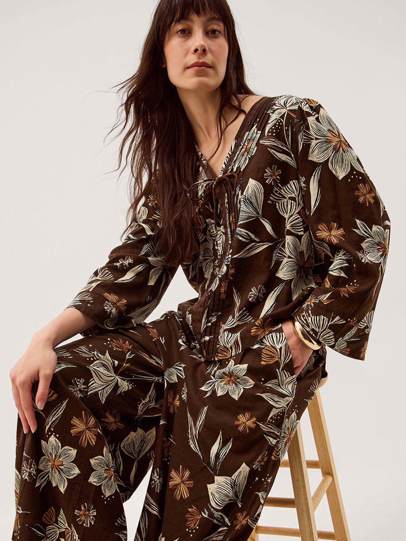 Image 5 of 6 of Monsoon Esther Floral Linen Blend Top - Brown