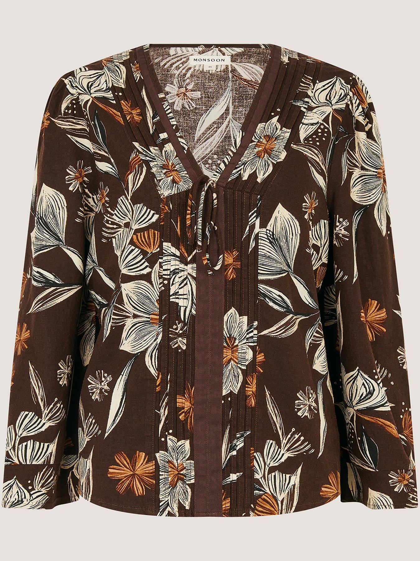 Image 6 of 6 of Monsoon Esther Floral Linen Blend Top - Brown
