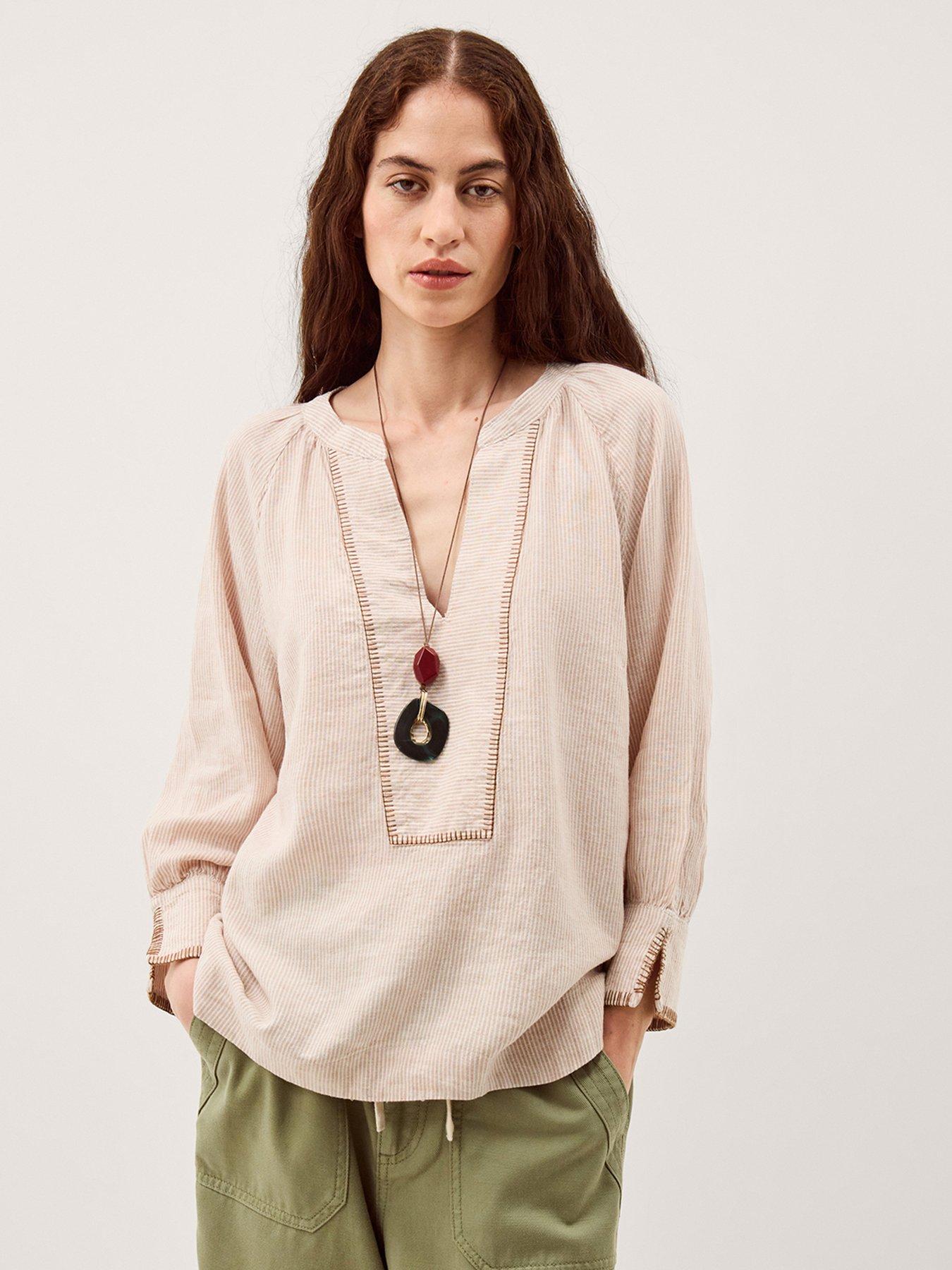Image 1 of 4 of Monsoon Frida Stripe Linen-Blend Top - Cream