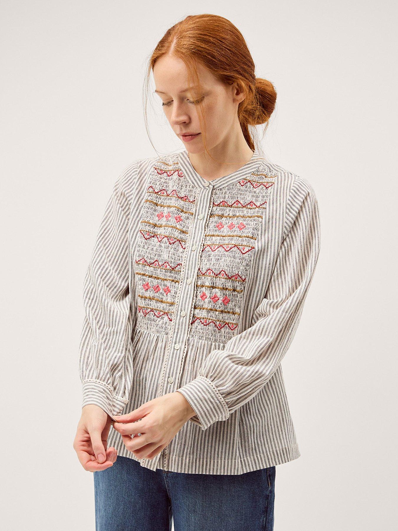 Monsoon Hettie Embroidered Shirred Stripe Shirt - Grey