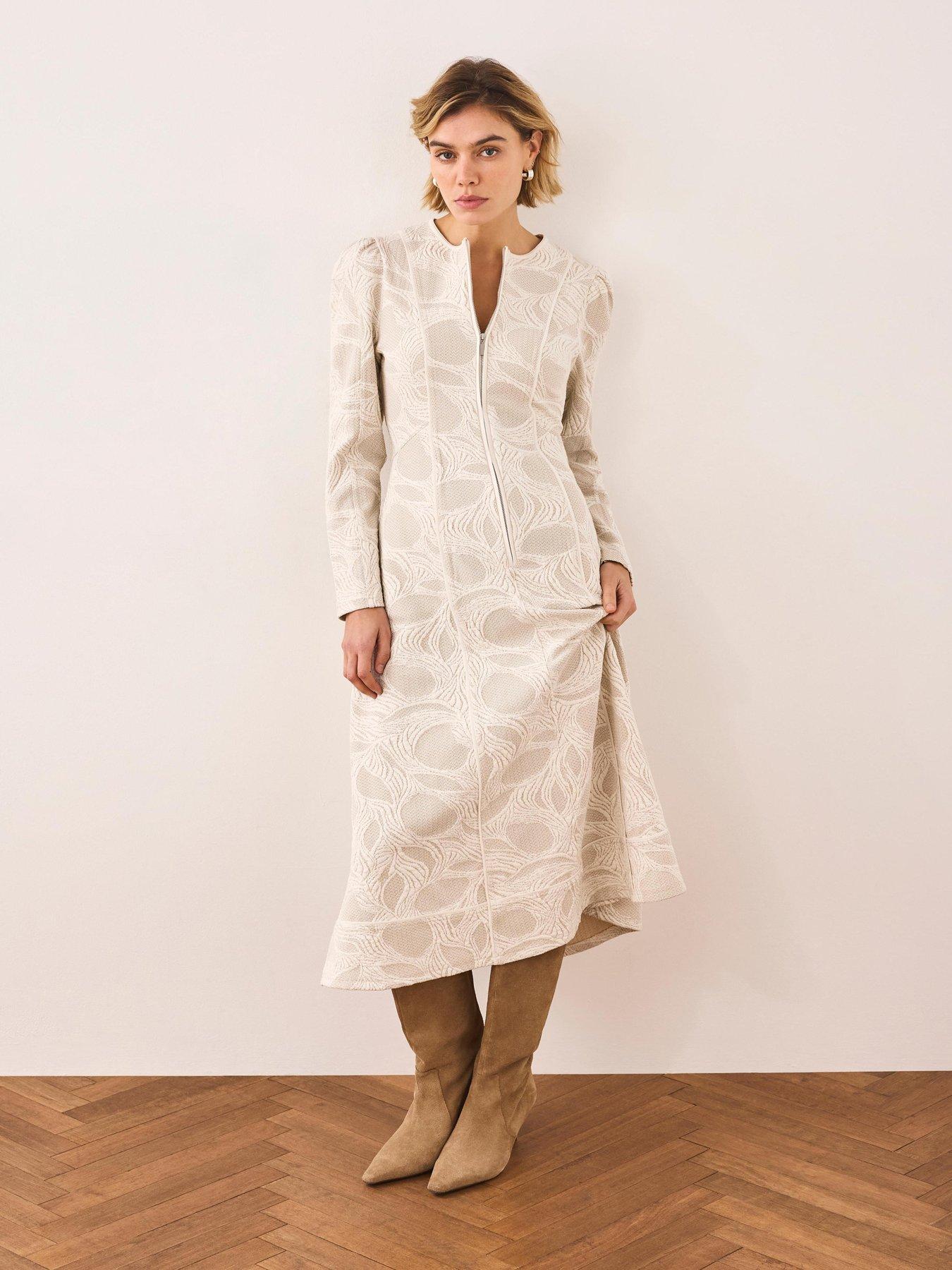 Mint Velvet Zip Front Jacquard Jersey Midi Dress - Ivory | Very
