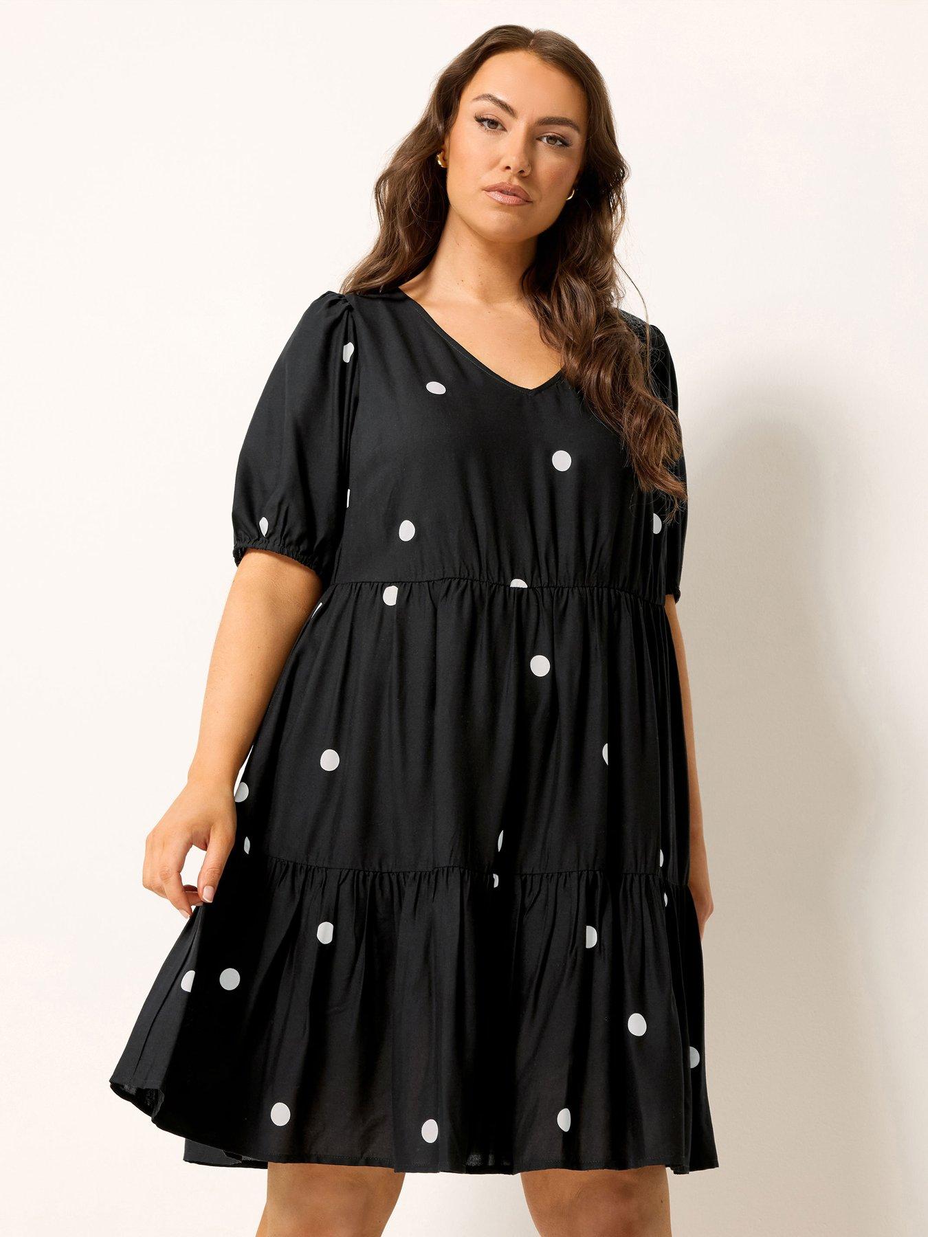 Image 1 of 5 of Yours Curve Polka Dot Tiered Smock Dress - Black