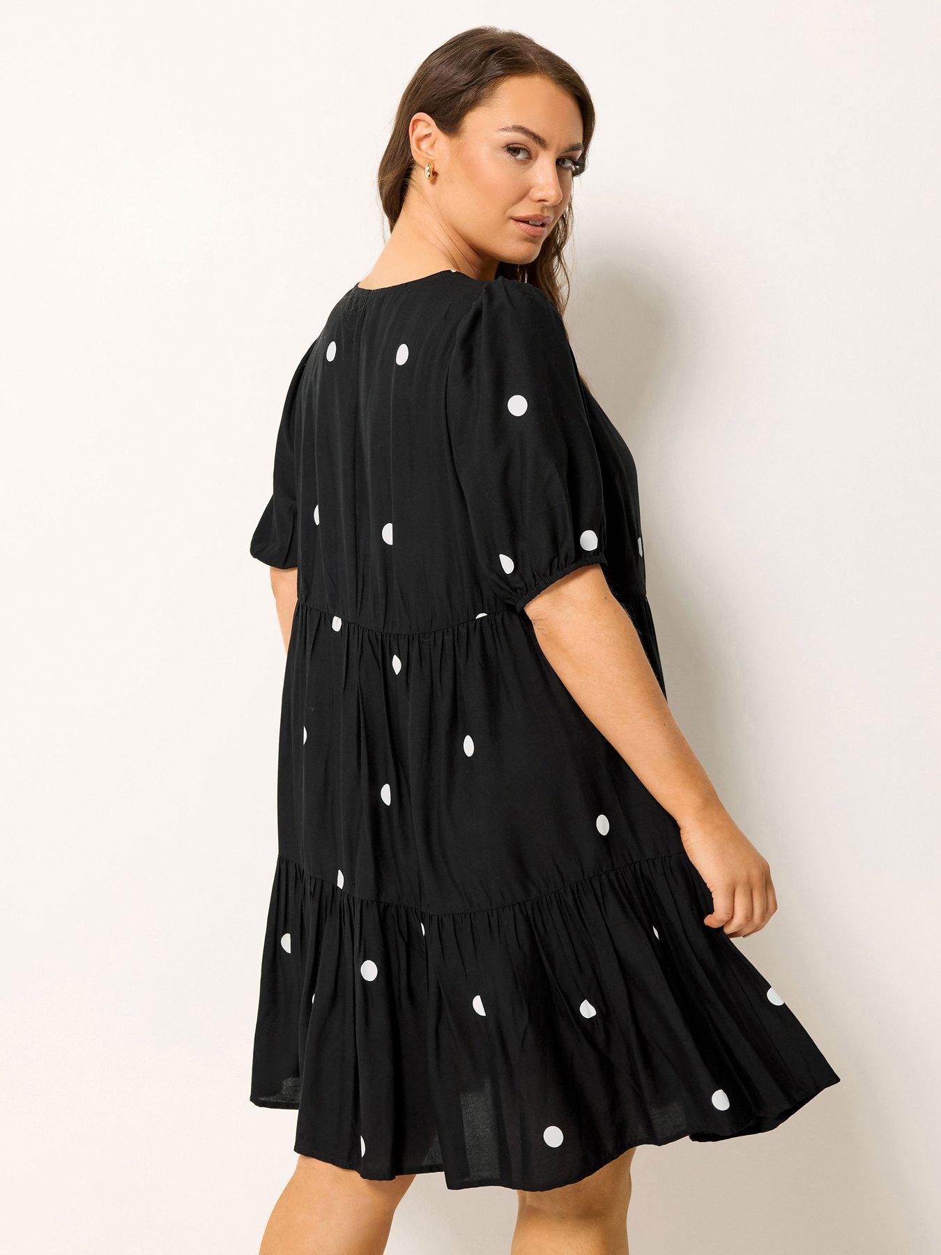 Image 2 of 5 of Yours Curve Polka Dot Tiered Smock Dress - Black