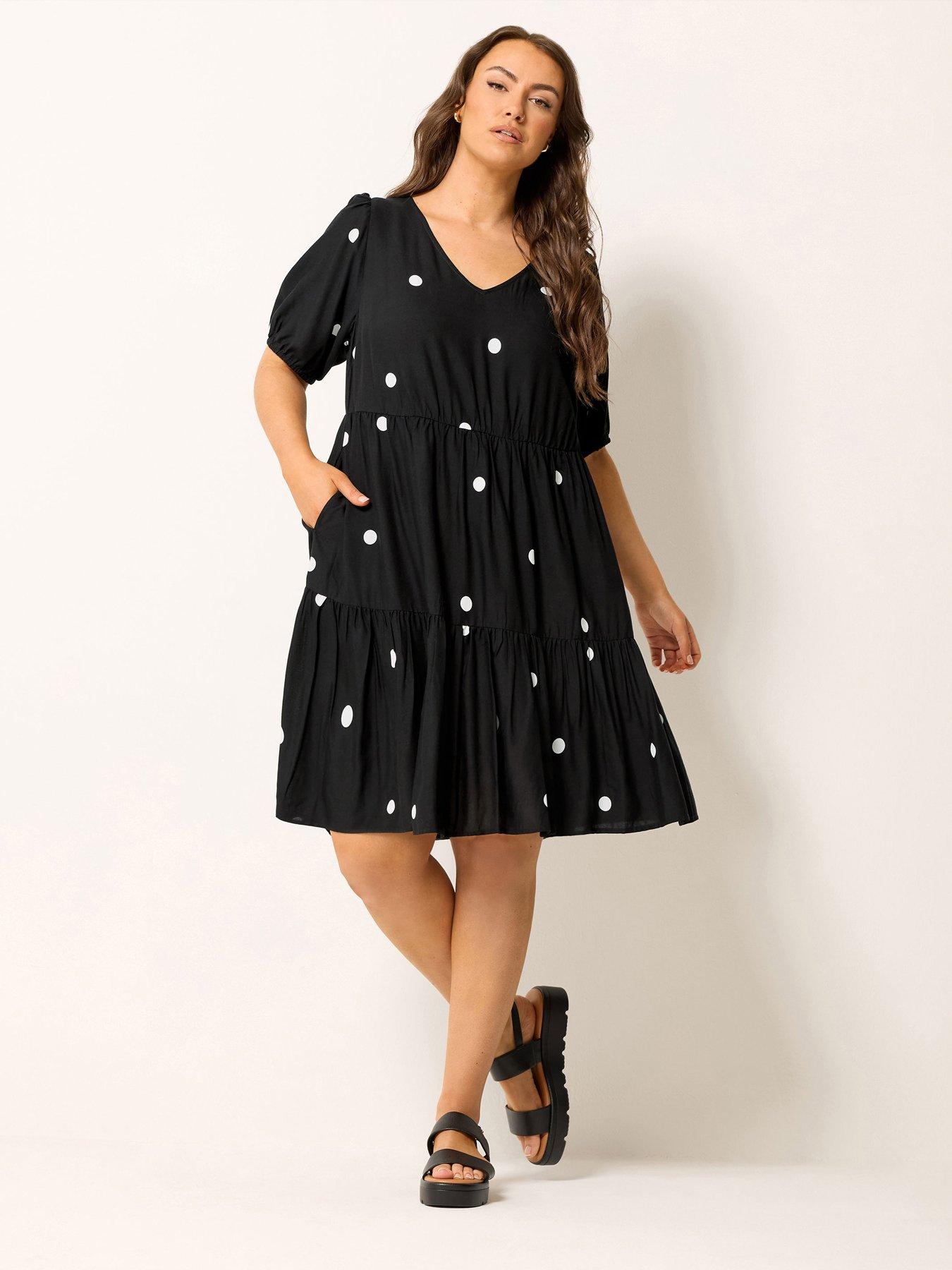 Image 3 of 5 of Yours Curve Polka Dot Tiered Smock Dress - Black