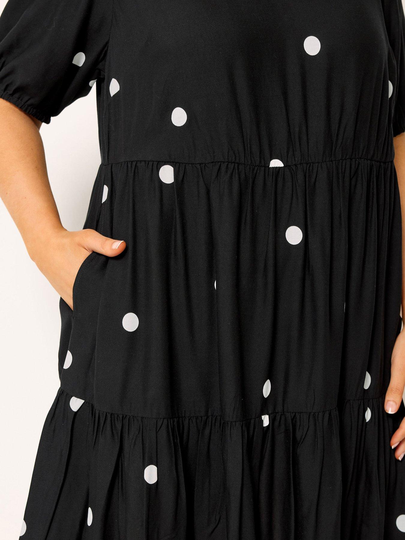 Image 4 of 5 of Yours Curve Polka Dot Tiered Smock Dress - Black