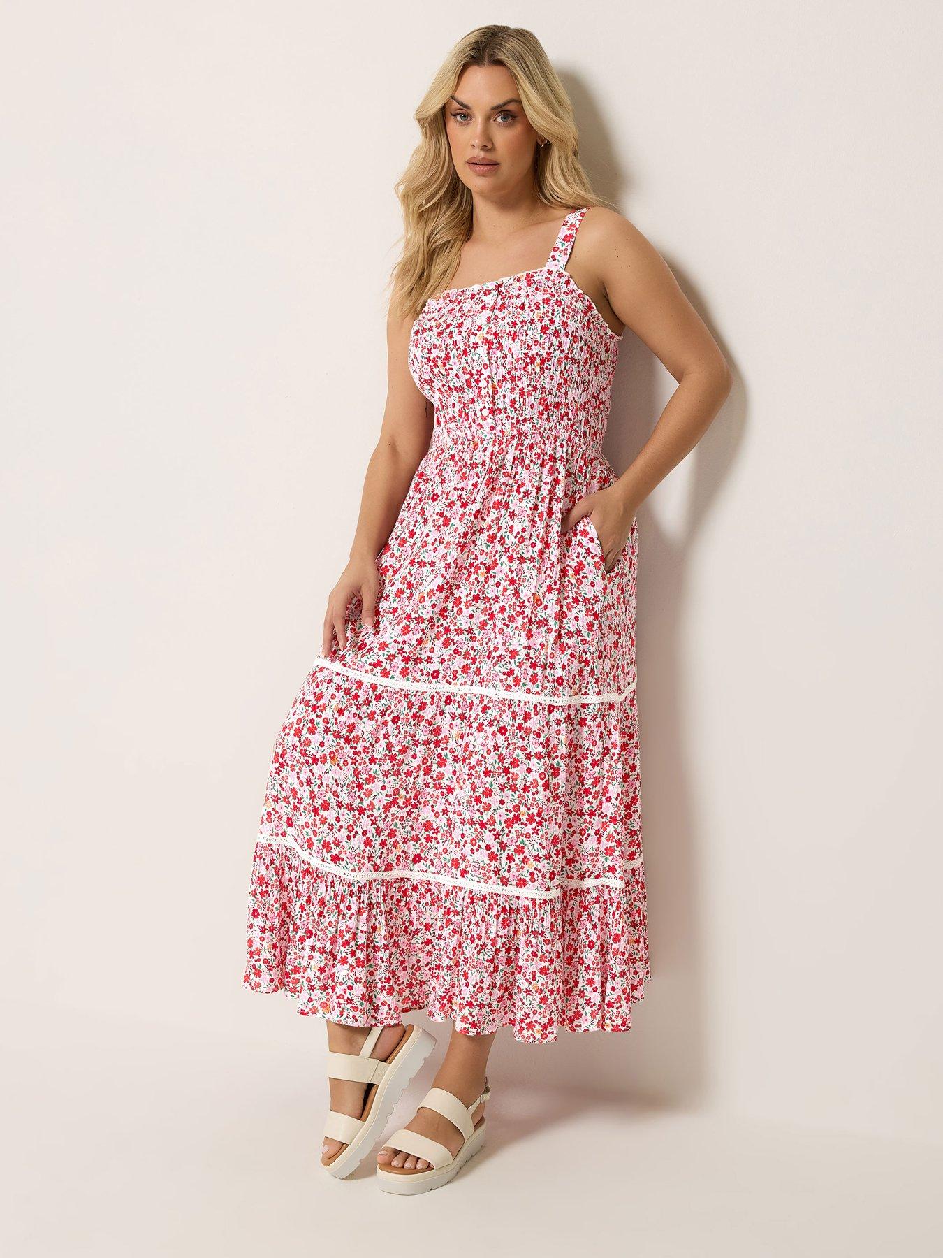 Yours Curve Ditsy Print Shirred Placket Dress - Pink