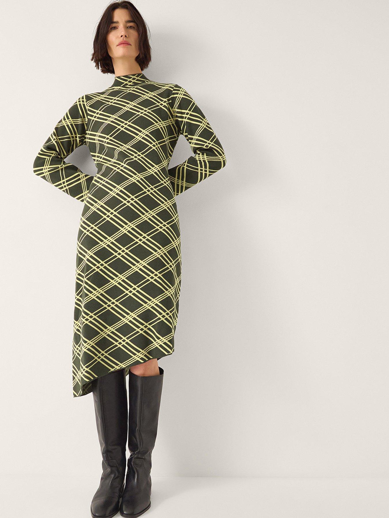 Image 1 of 5 of Monsoon Claudia Check Knit Midi Dress - Green
