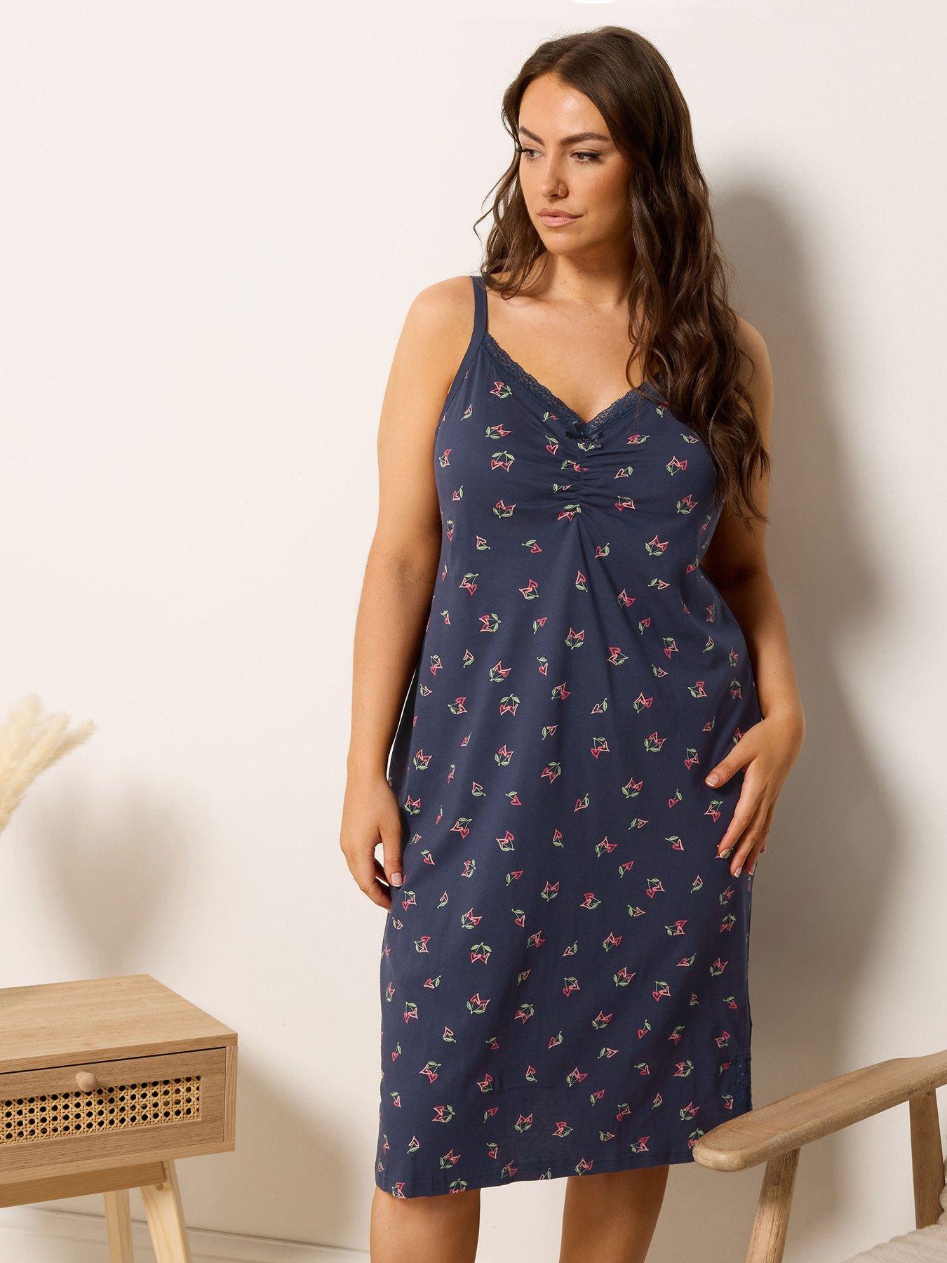Yours Curve Cherry Hearts Print Lace Chemise Nightdress - Blue