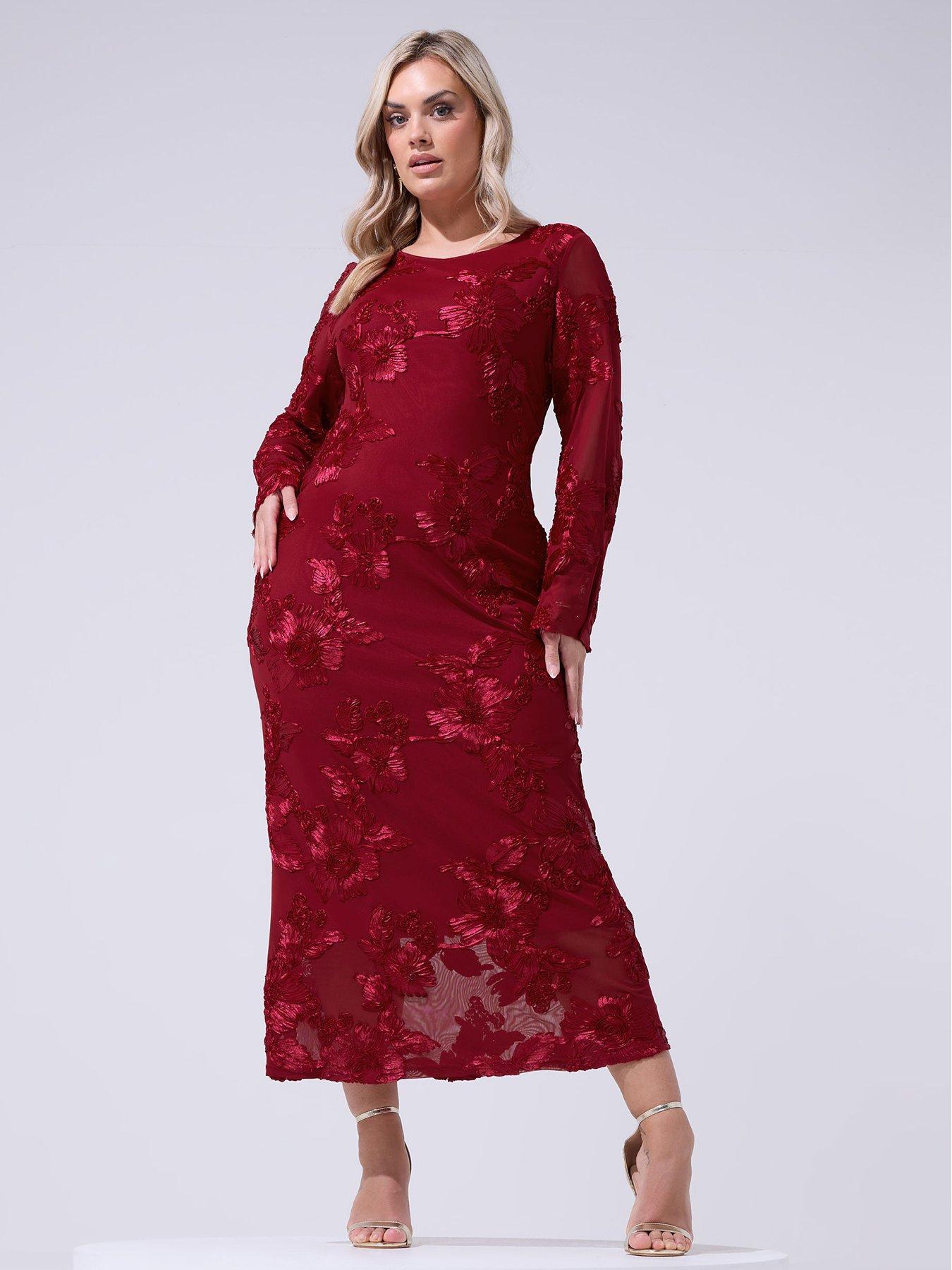 Yours Curve Mesh Applique Long Sleeve Maxi Dress - Red