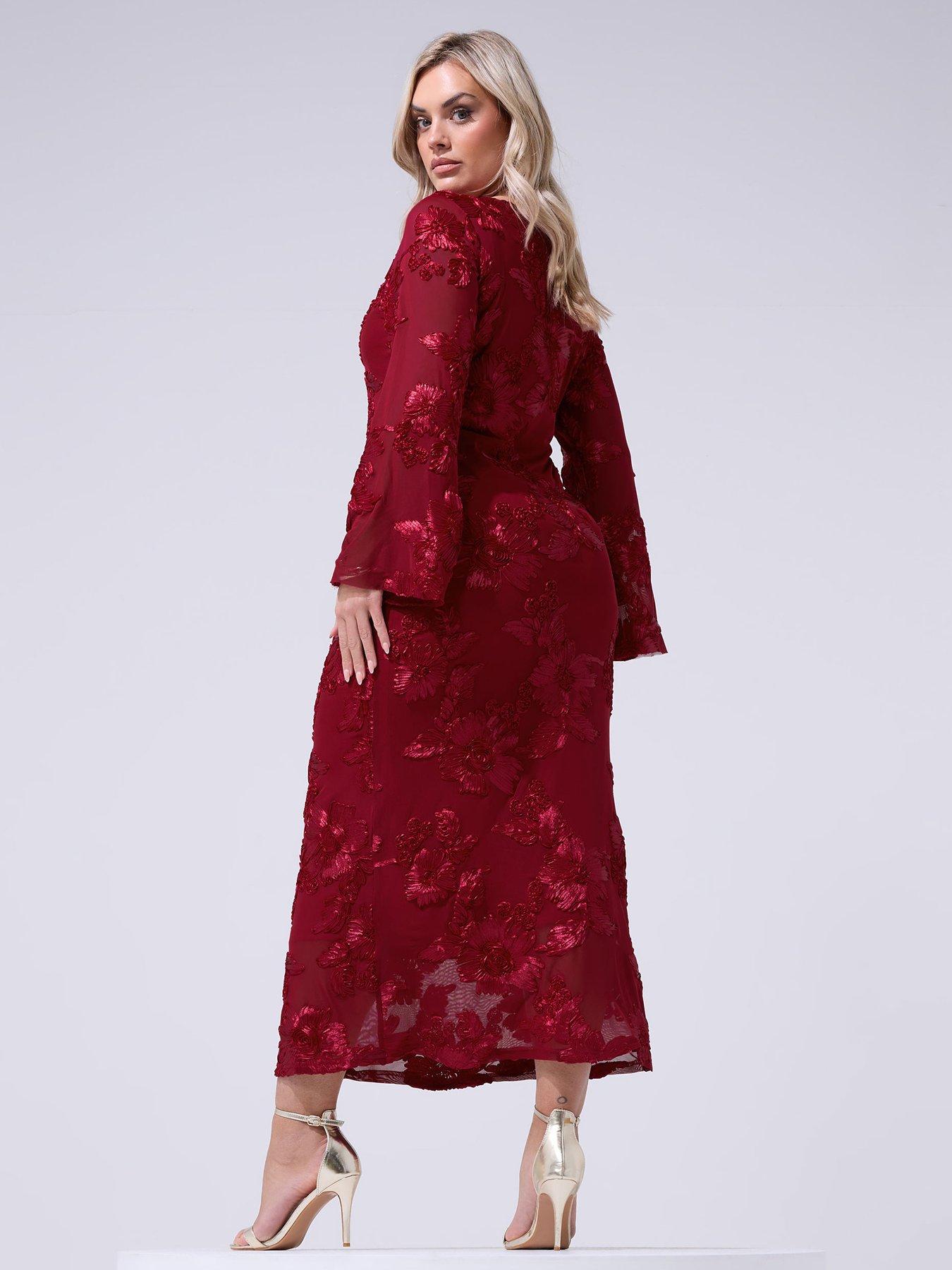 Image 2 of 5 of Yours Curve Mesh Applique Long Sleeve Maxi Dress