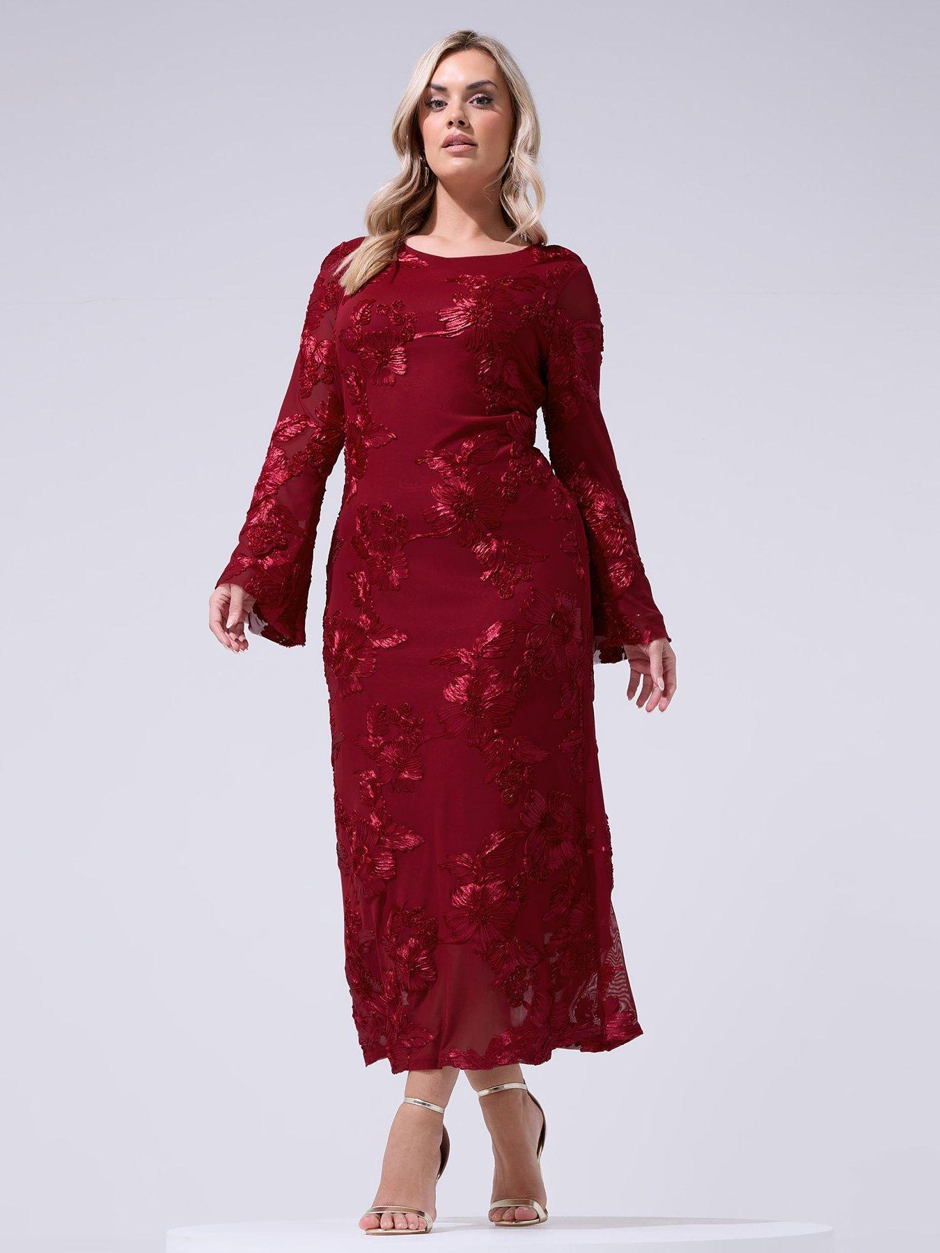 Image 3 of 5 of Yours Curve Mesh Applique Long Sleeve Maxi Dress