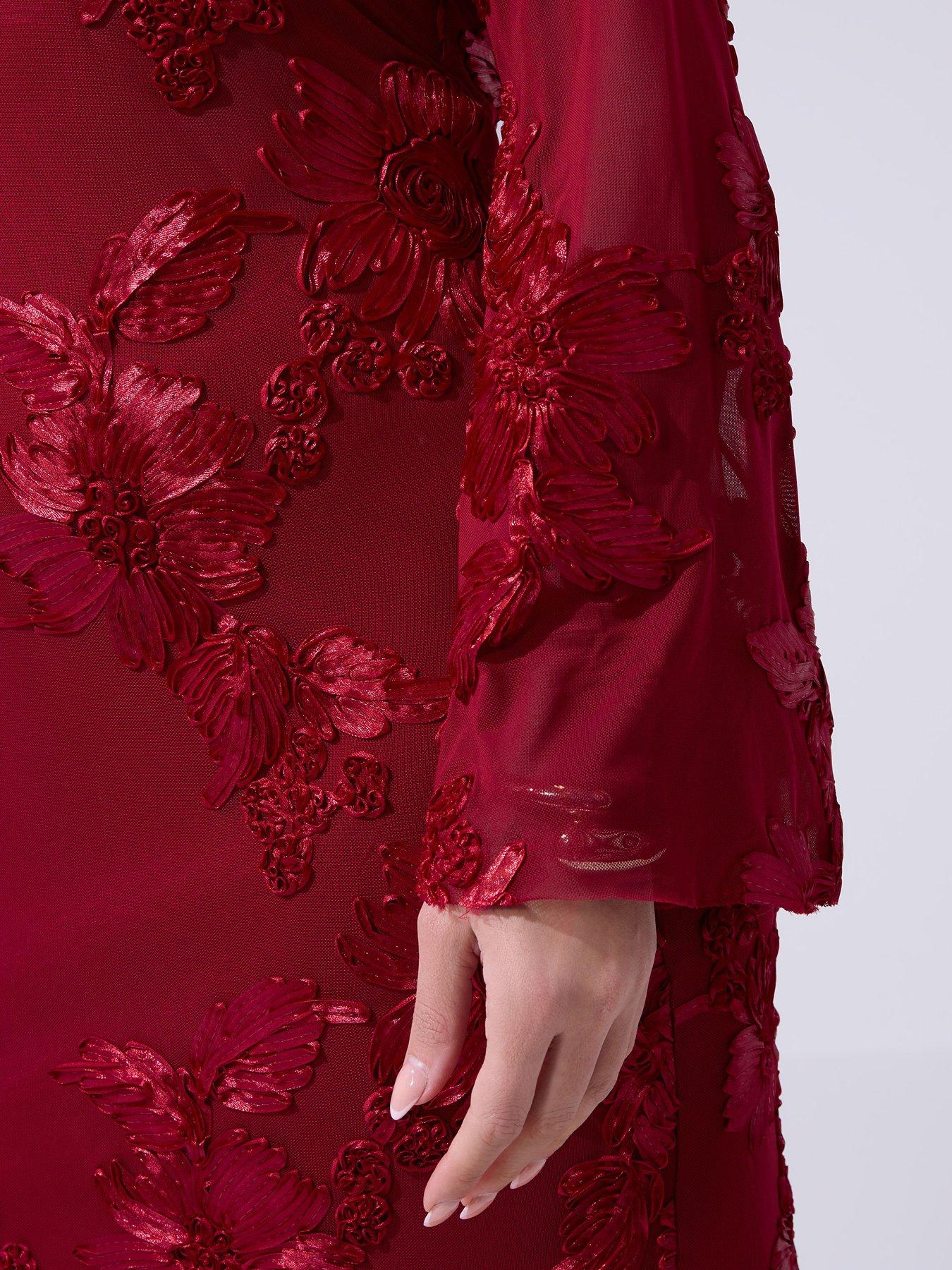 Image 4 of 5 of Yours Curve Mesh Applique Long Sleeve Maxi Dress