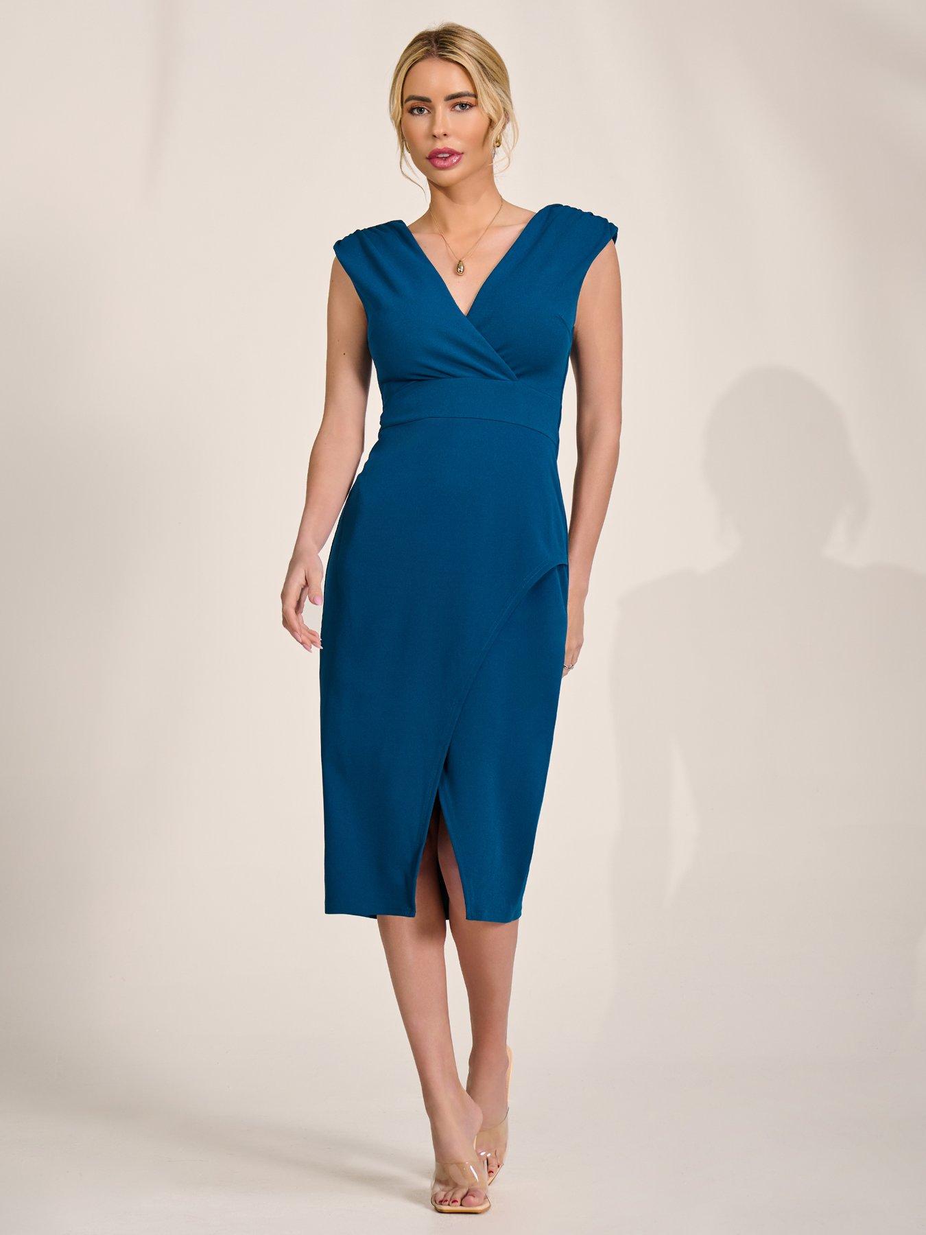 Jolie Moi V-Neck Split Bodycon Dress - Blue | Very