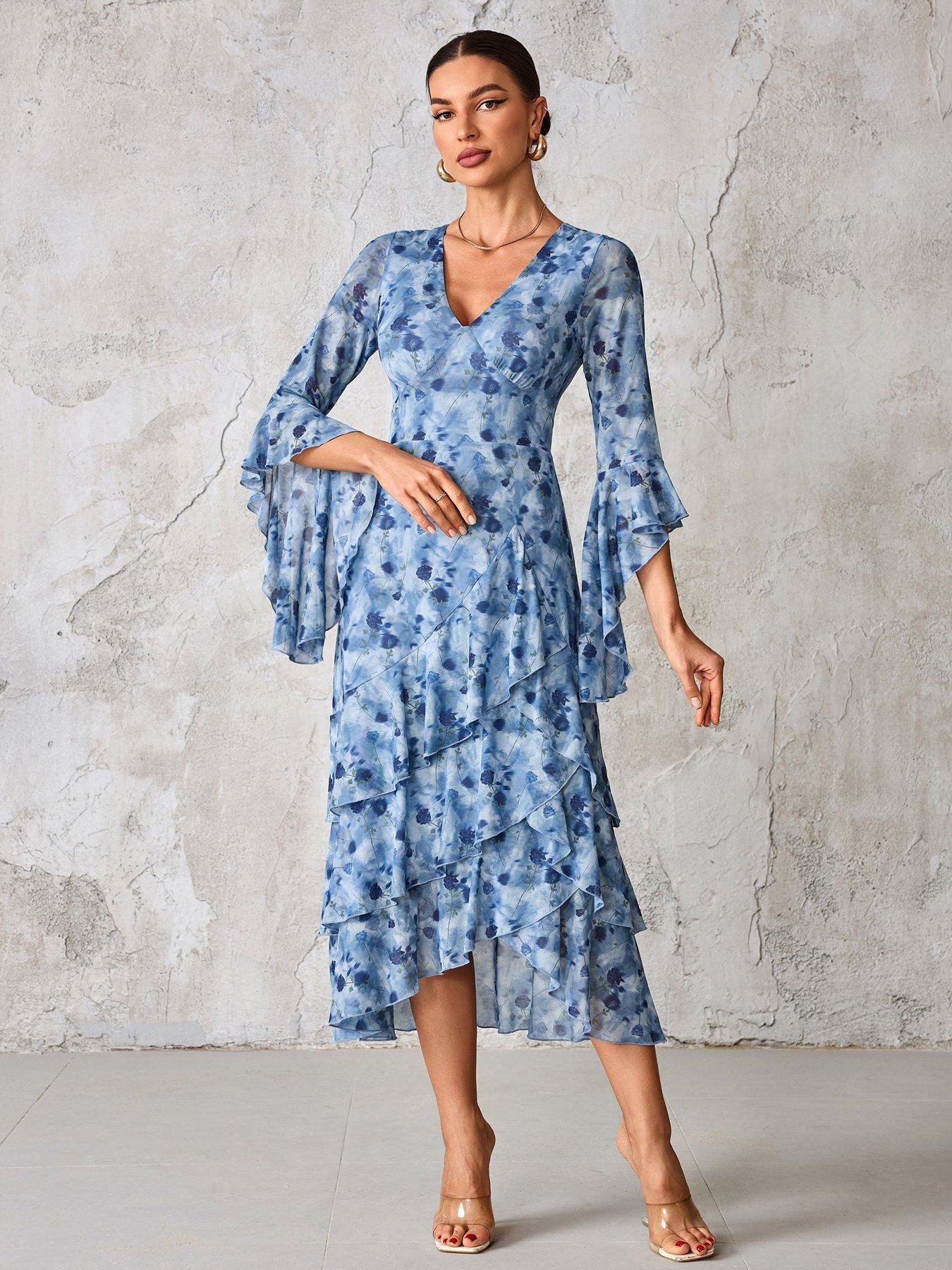 Jolie Moi Mesh Ruffle Sleeve Tiered Midaxi Dress - Blue | Very