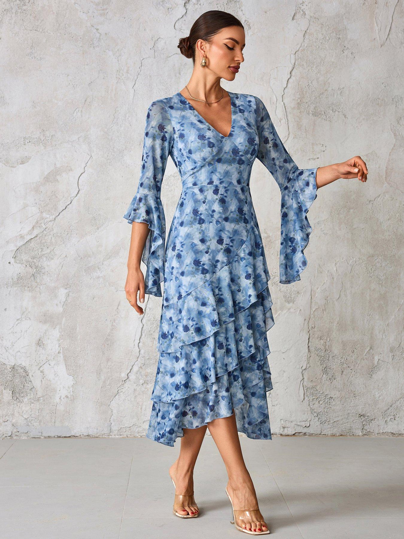 Jolie Moi Mesh Ruffle Sleeve Tiered Midaxi Dress - Blue | Very