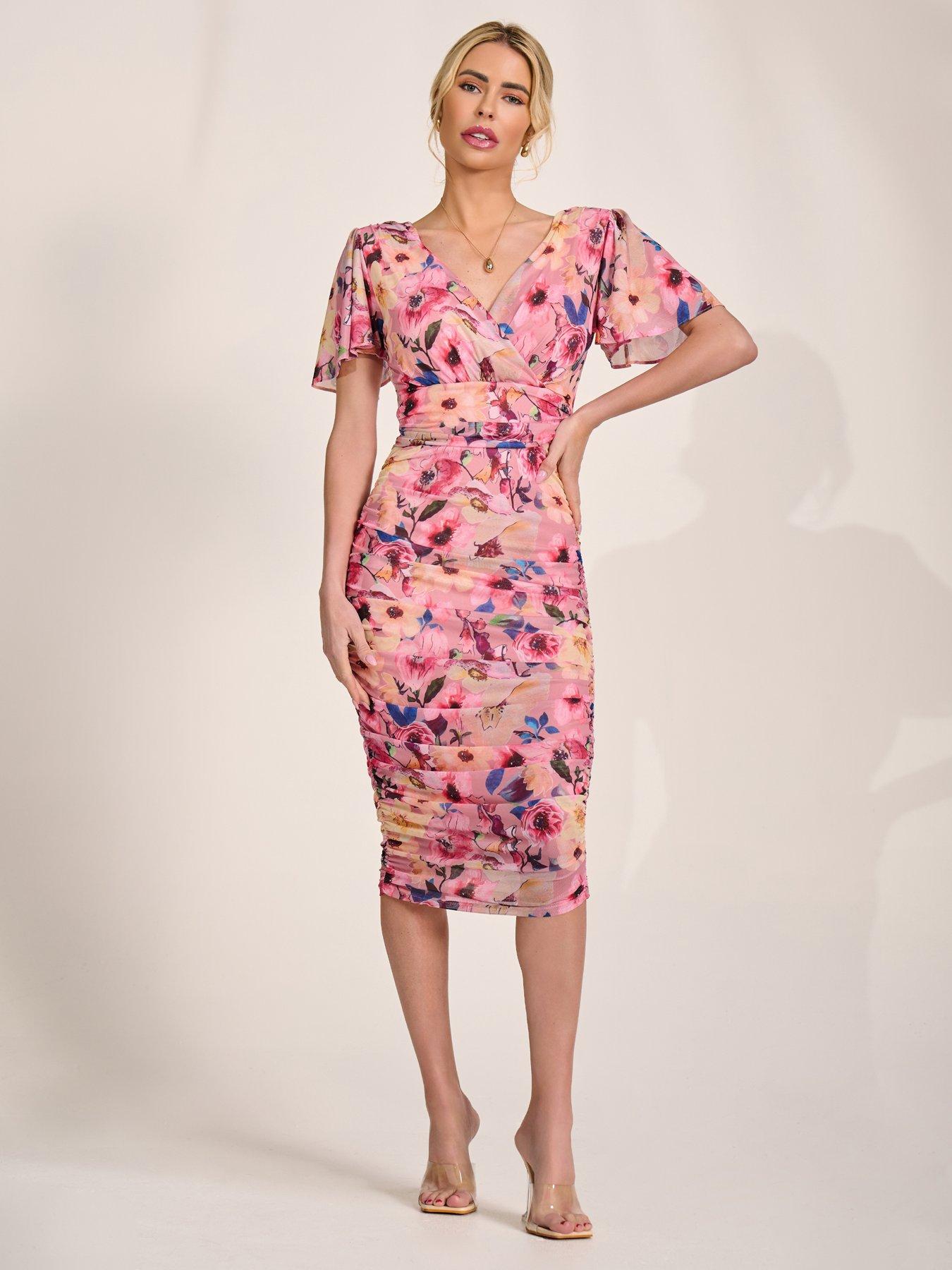 Jolie Moi Wrap Front Mesh Bodycon Dress - Pink