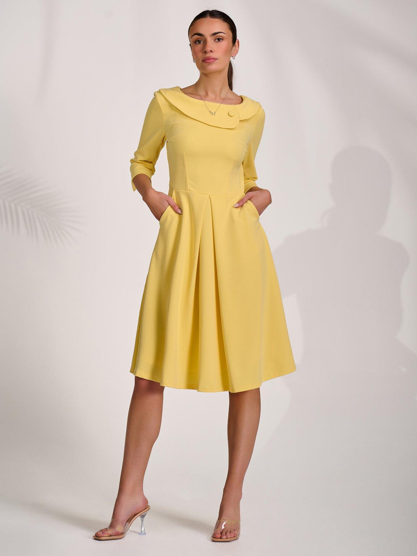 Image 1 of 7 of Jolie Moi Sloan 3/4 Sleeve Midi Dress - Yellow
