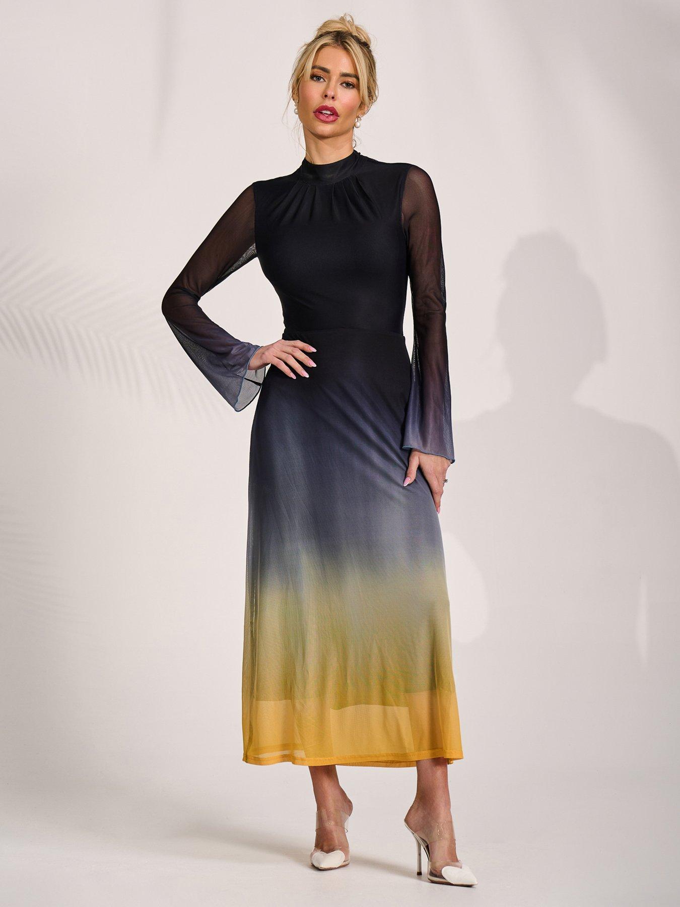 Jolie Moi Long Sleeve High Neck Mesh Dress - Multi