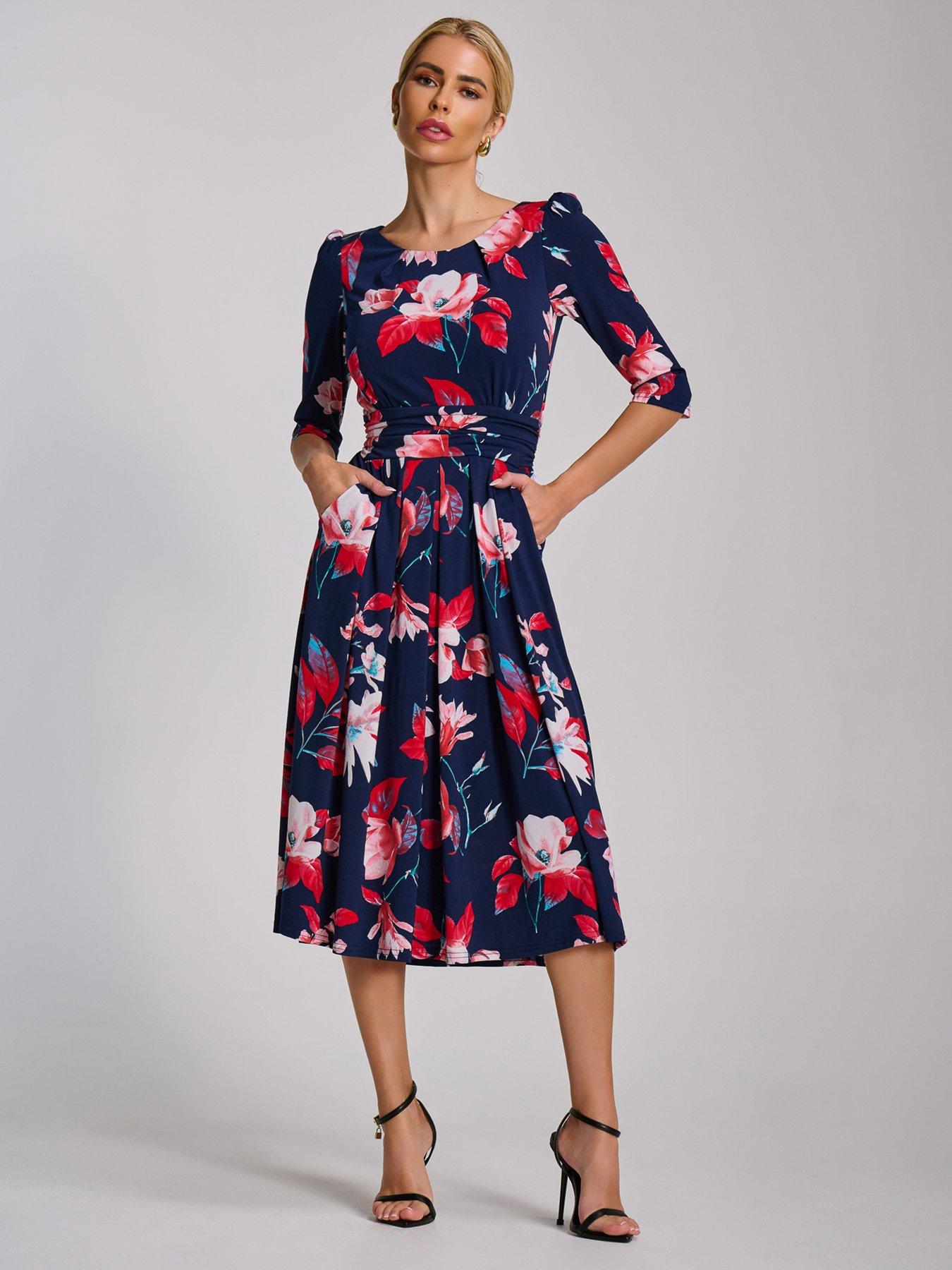 Jolie Moi 3/4 Sleeve Printed Jersey Midi Dress - Navy