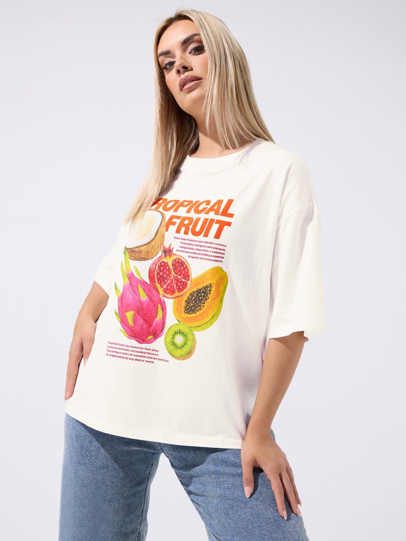 Yours Curve Hot Tropic Fruit Print T-Shirt - Cream