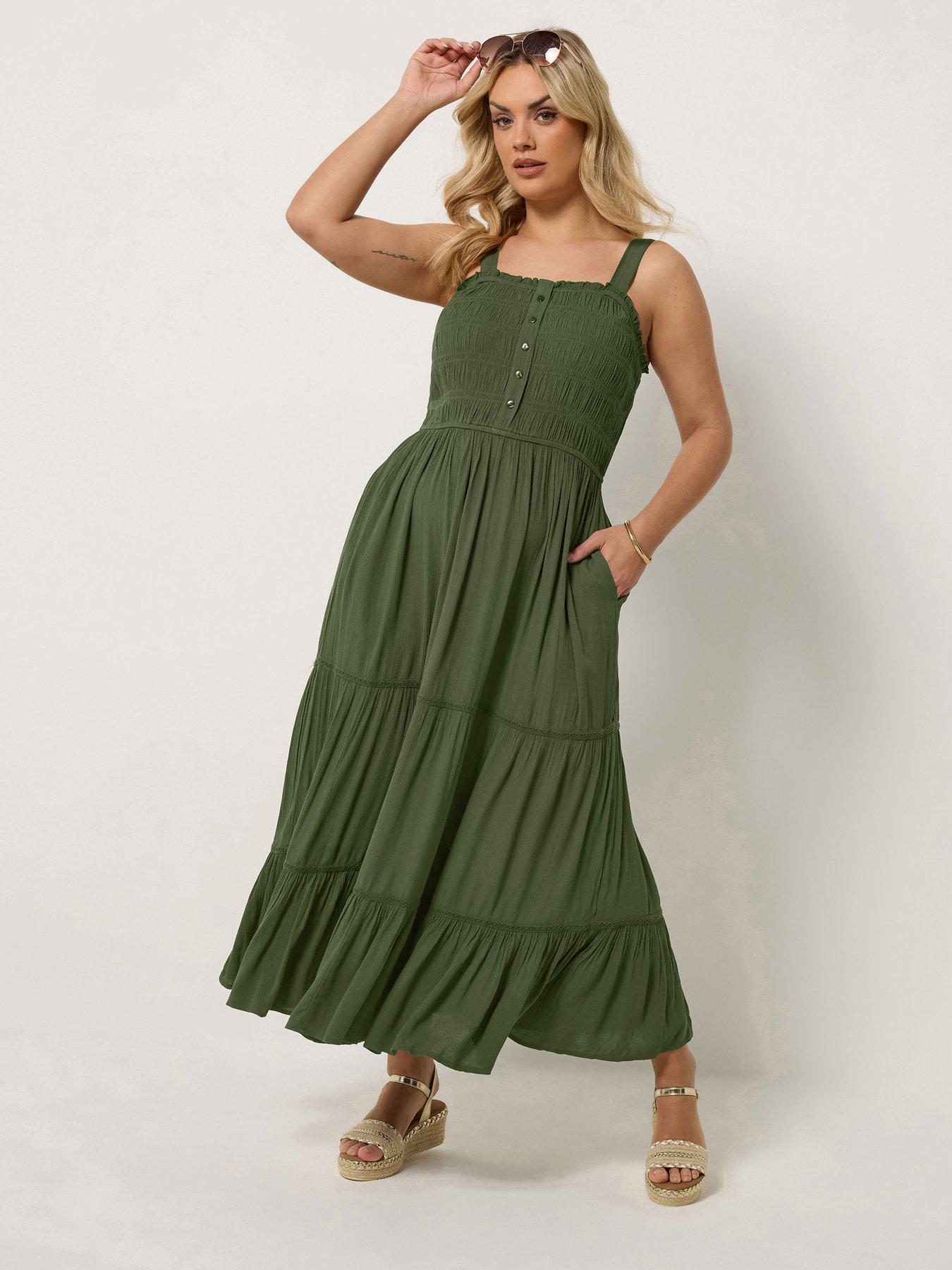 Yours Curve Shirred Placket Dress - Green