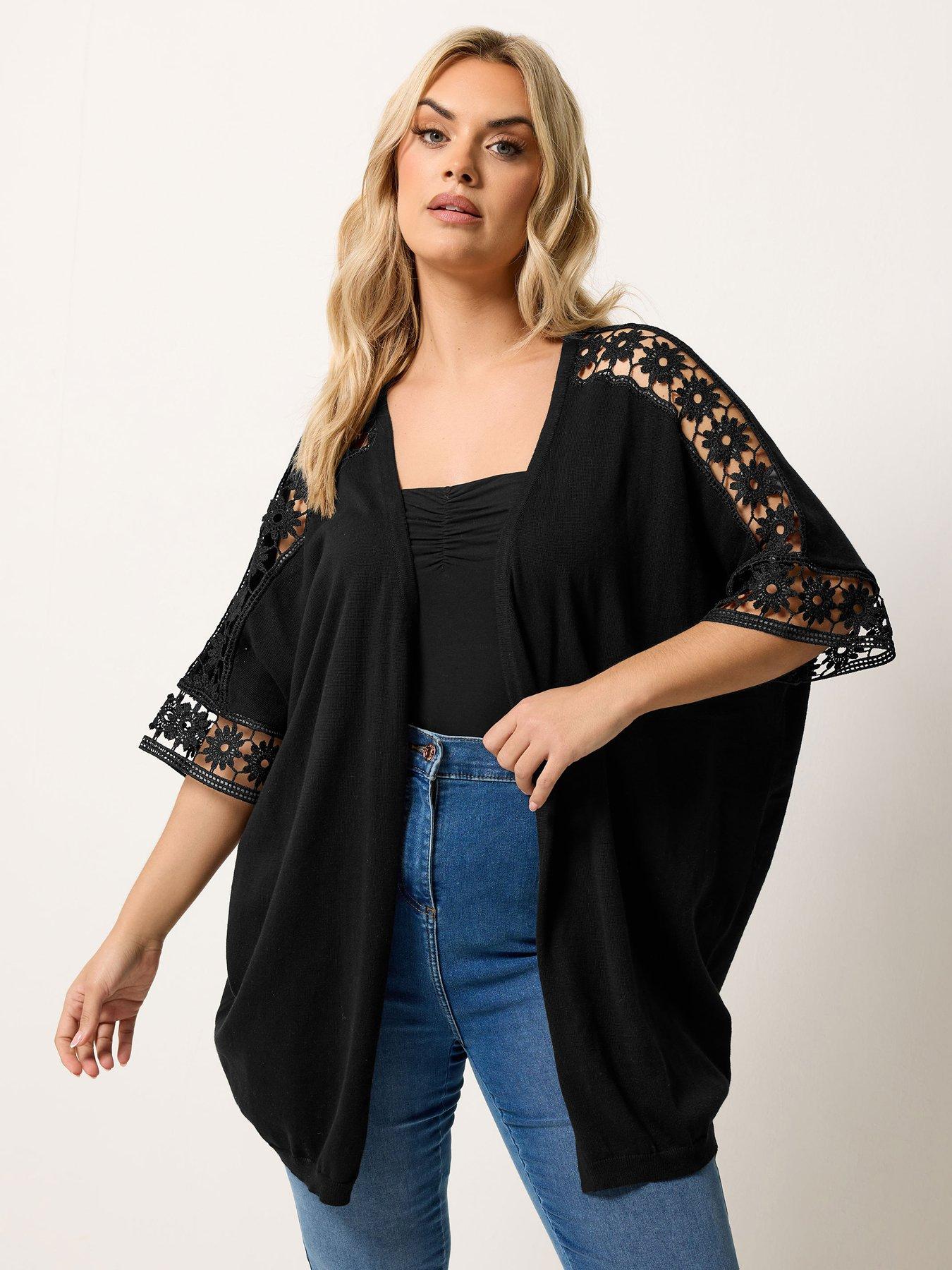 Yours Curve Crochet Sleeve Kimono - Black