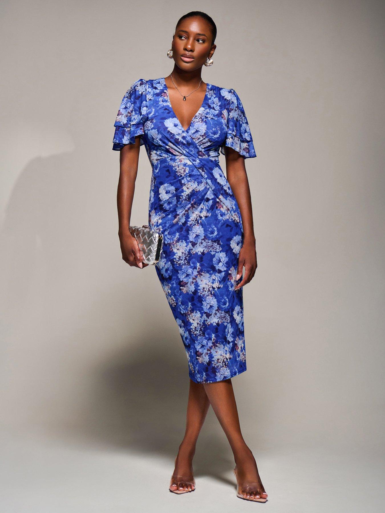 Image 1 of 7 of Jolie Moi Angel Sleeve Mesh Bodycon Dress - Blue